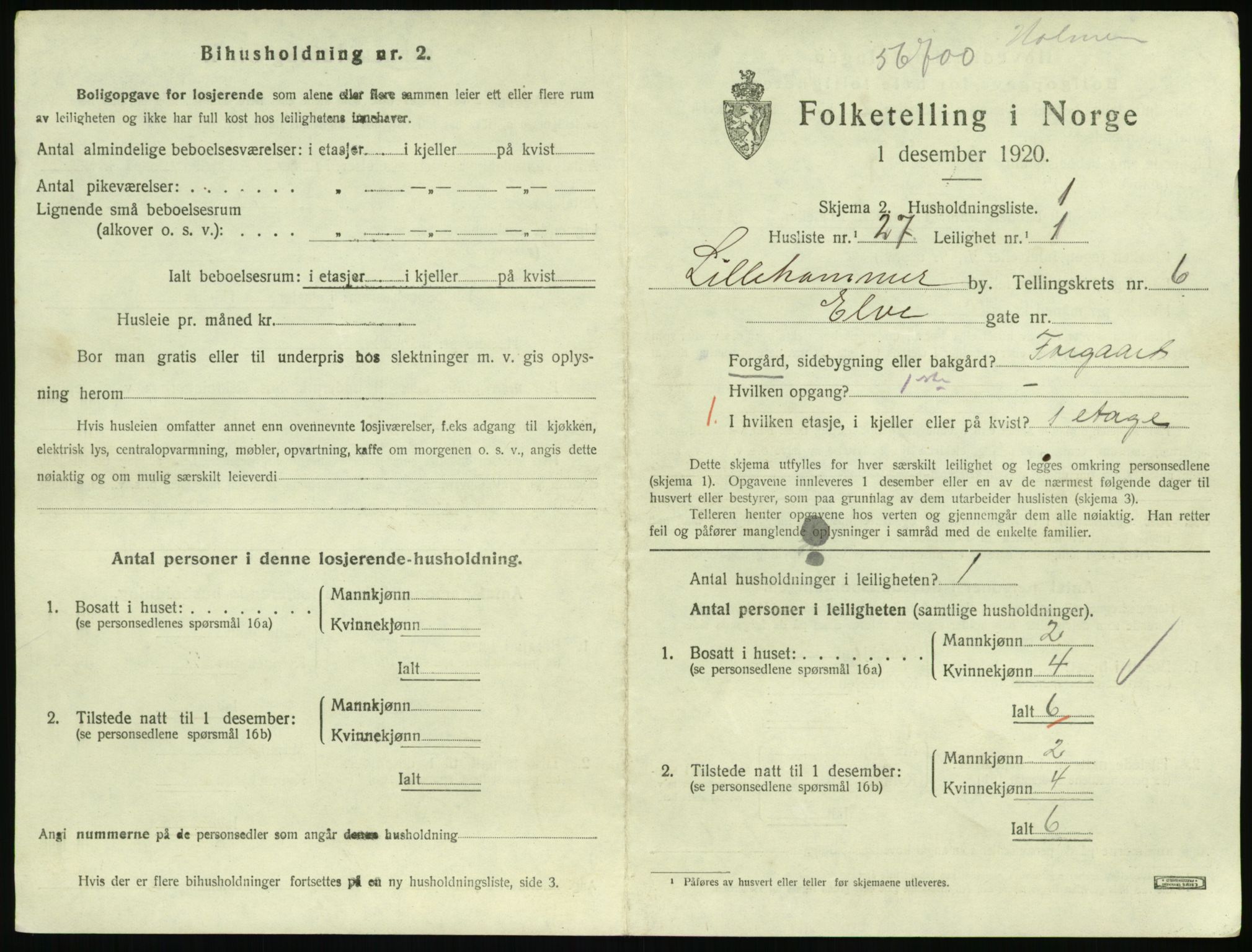 SAH, 1920 census for Lillehammer, 1920, p. 2430