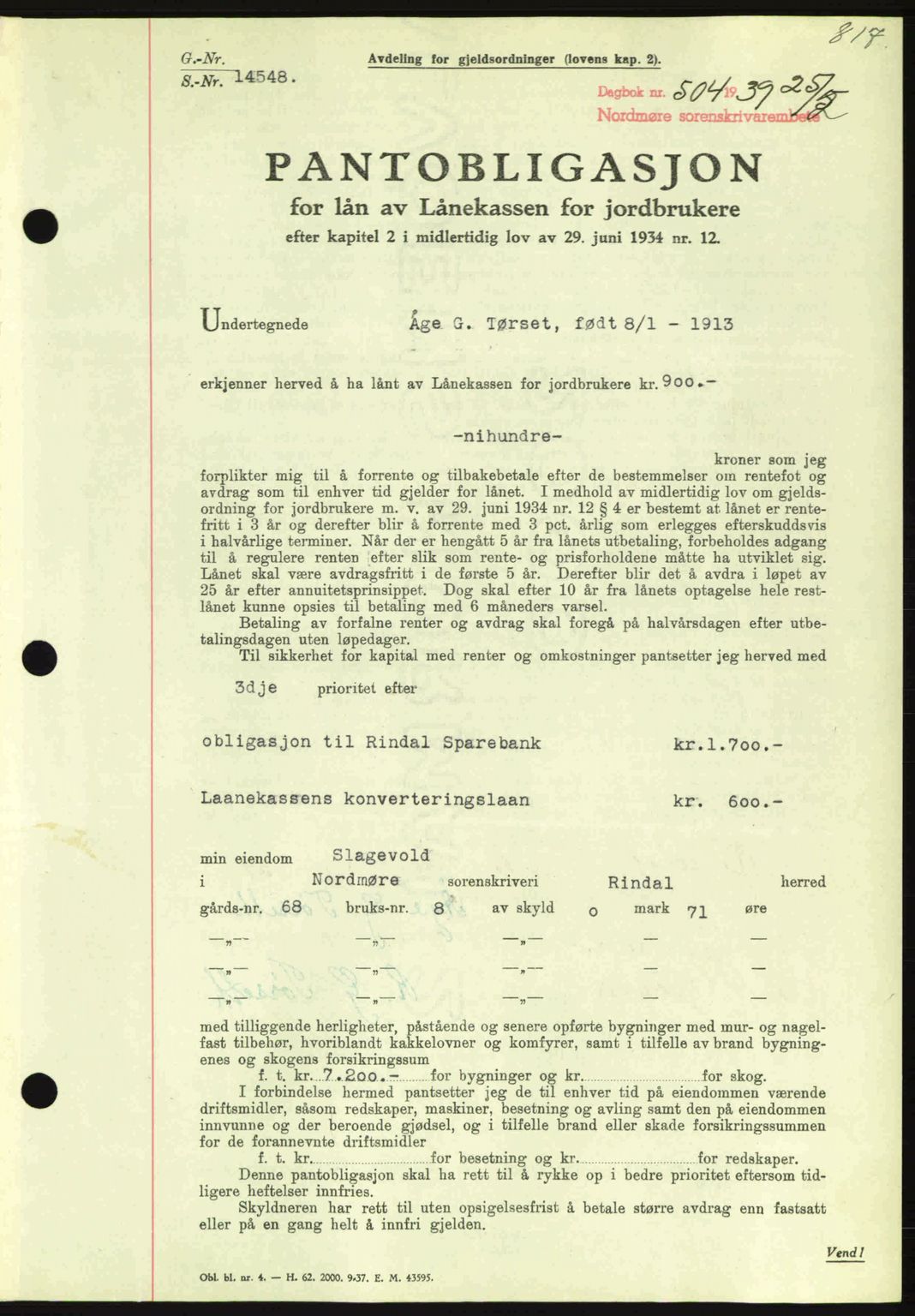 Nordmøre sorenskriveri, AV/SAT-A-4132/1/2/2Ca: Mortgage book no. B84, 1938-1939, Diary no: : 504/1939