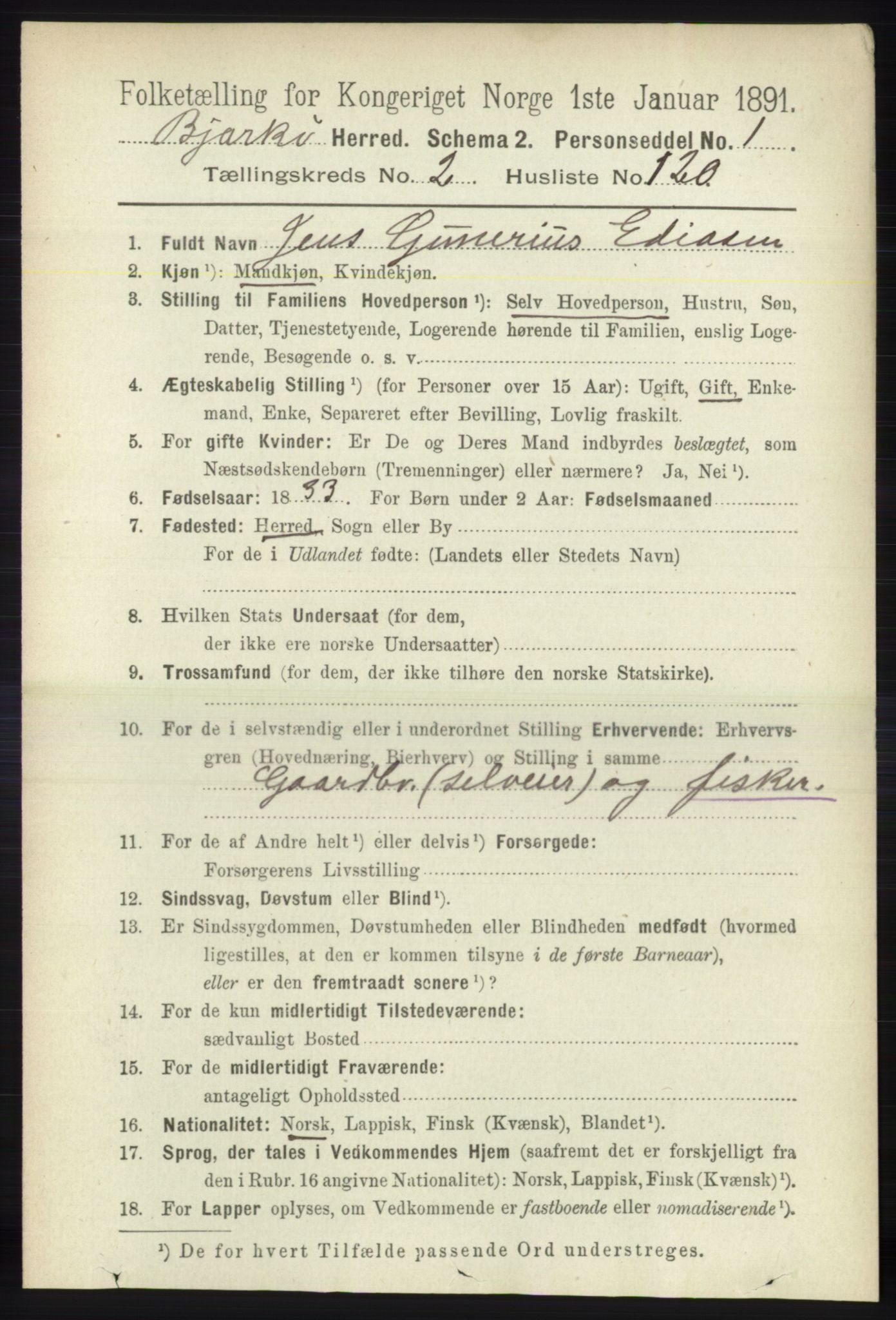 RA, 1891 census for 1915 Bjarkøy, 1891, p. 1465