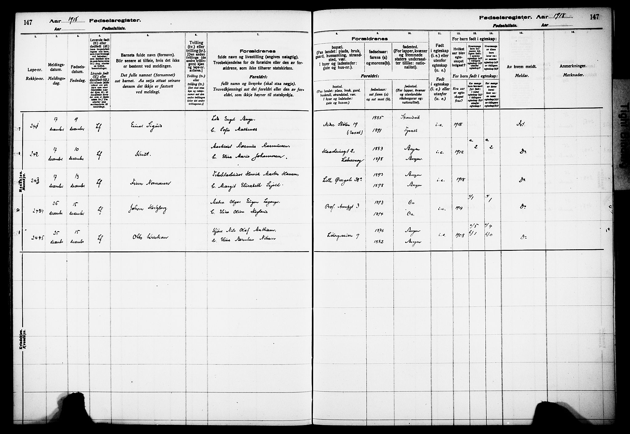 Kvinneklinikken, SAB/A-76301/F/L0A01: Birth register no. A 1, 1916-1920, p. 147