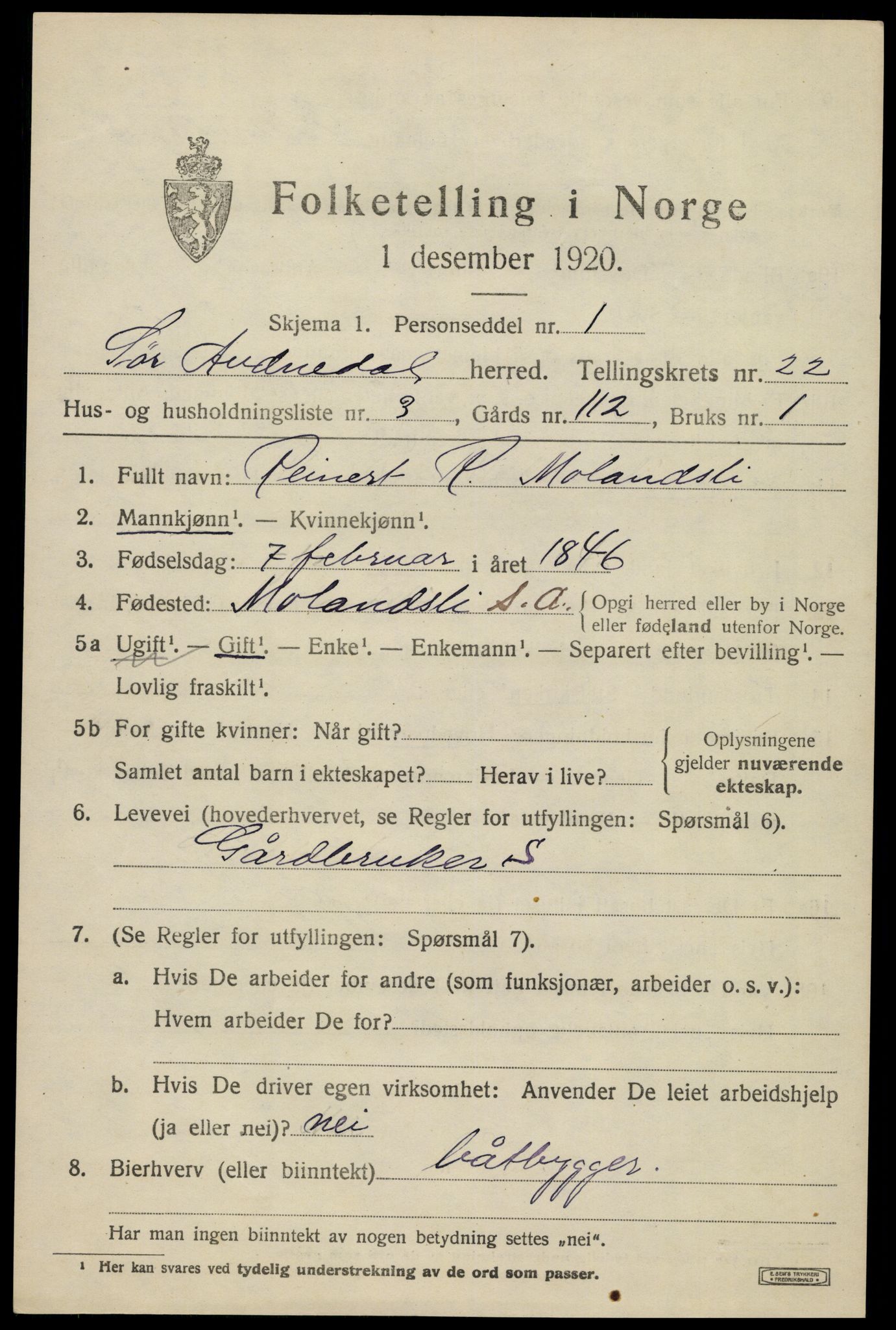 SAK, 1920 census for Sør-Audnedal, 1920, p. 7123