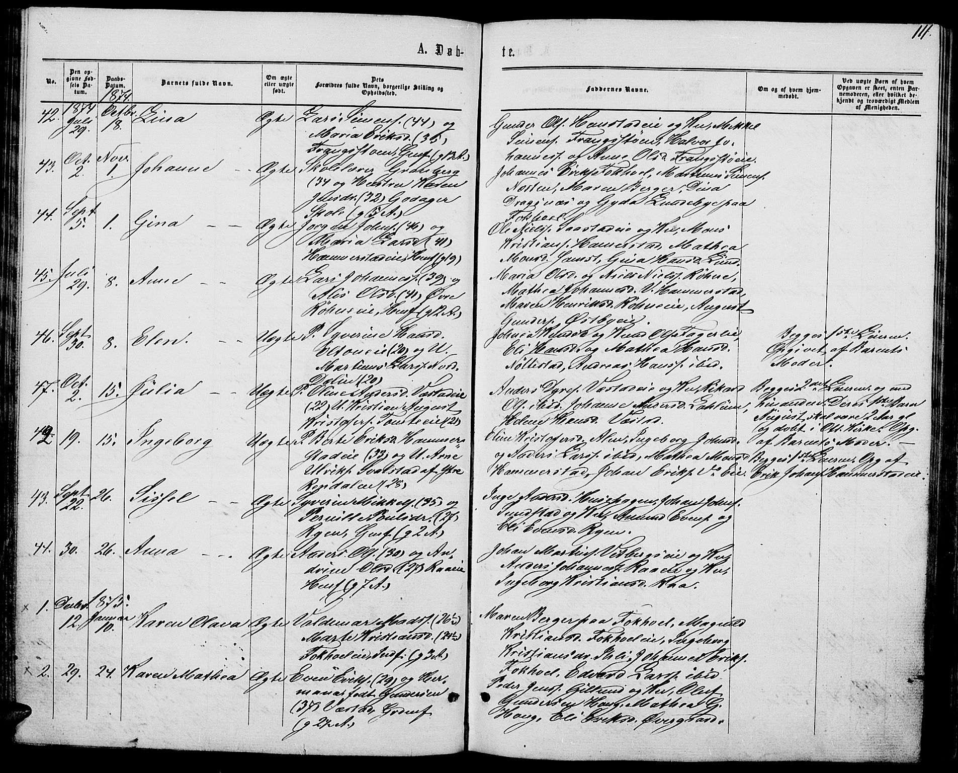 Stange prestekontor, SAH/PREST-002/L/L0006: Parish register (copy) no. 6, 1864-1882, p. 111