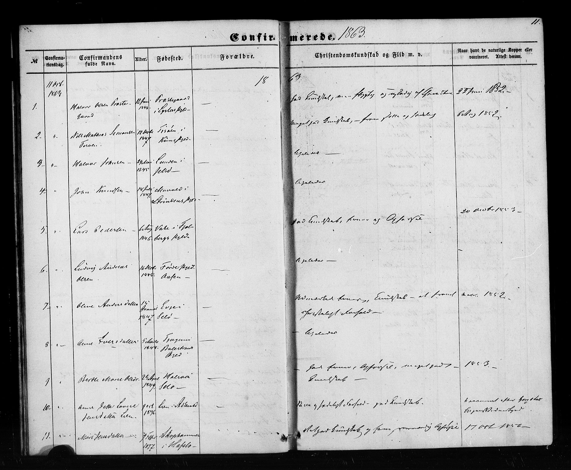 Pleiestiftelsen nr. 1 for spedalske sokneprestembete*, SAB/-: Parish register (official) no. A 1, 1859-1886, p. 11