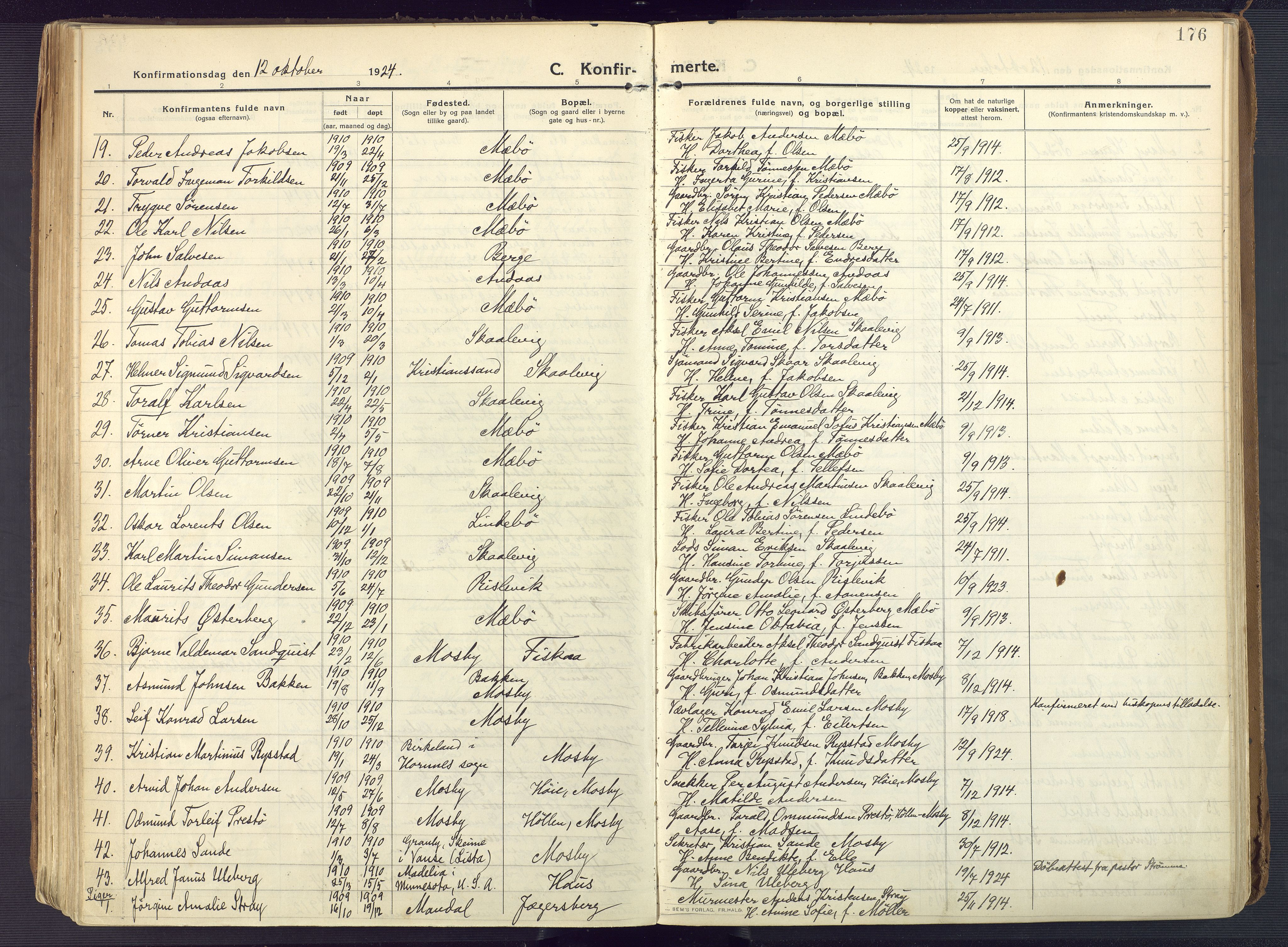 Oddernes sokneprestkontor, AV/SAK-1111-0033/F/Fa/Faa/L0012: Parish register (official) no. A 12, 1912-1925, p. 176