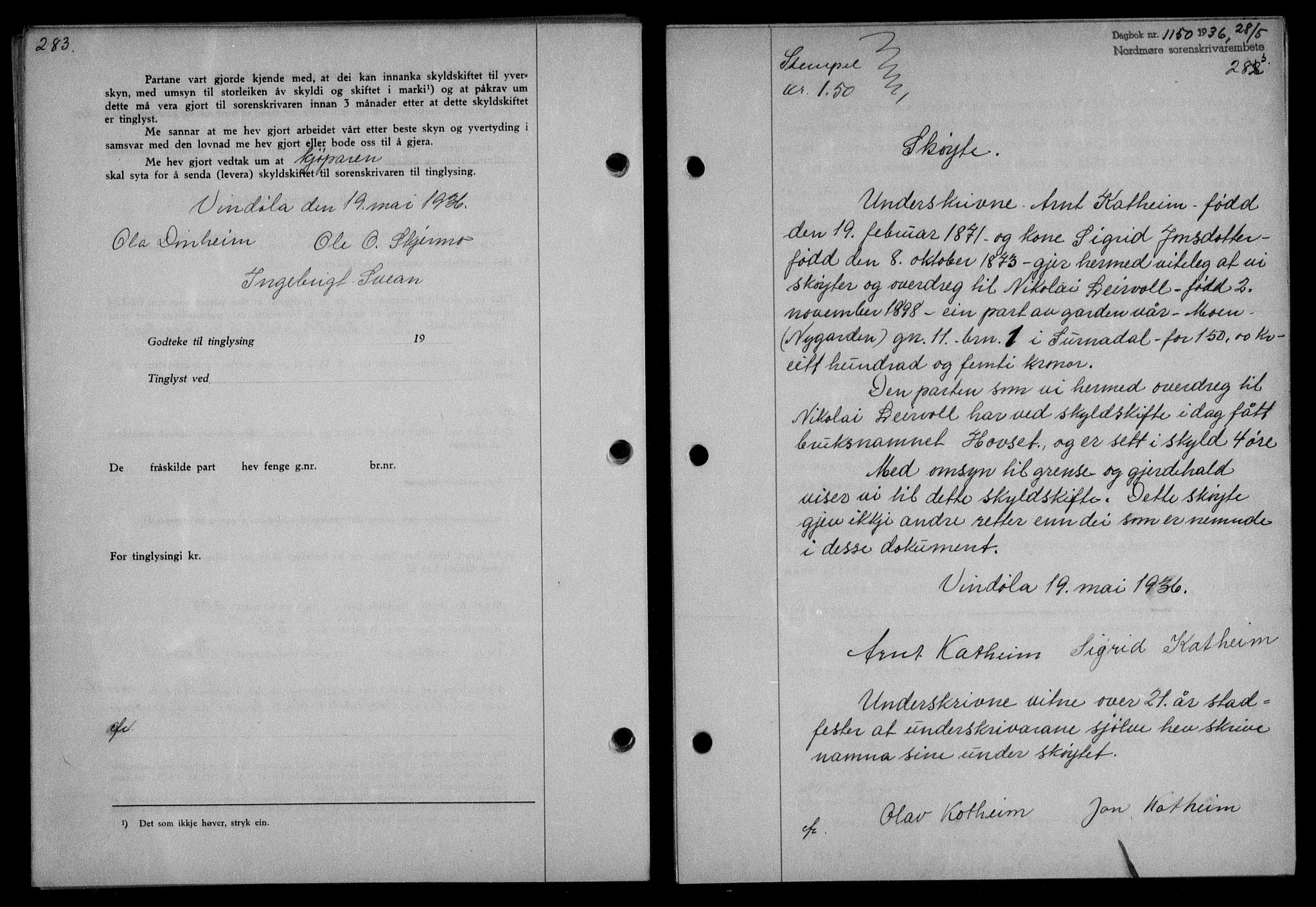 Nordmøre sorenskriveri, AV/SAT-A-4132/1/2/2Ca/L0088: Mortgage book no. 78, 1936-1936, Diary no: : 1150/1936