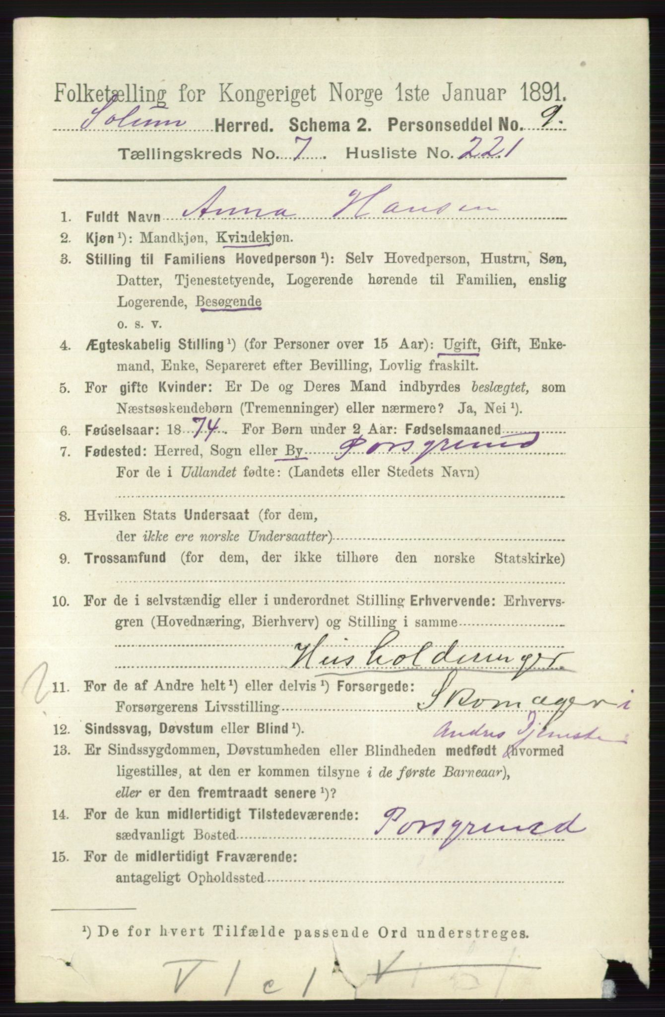 RA, 1891 census for 0818 Solum, 1891, p. 4025