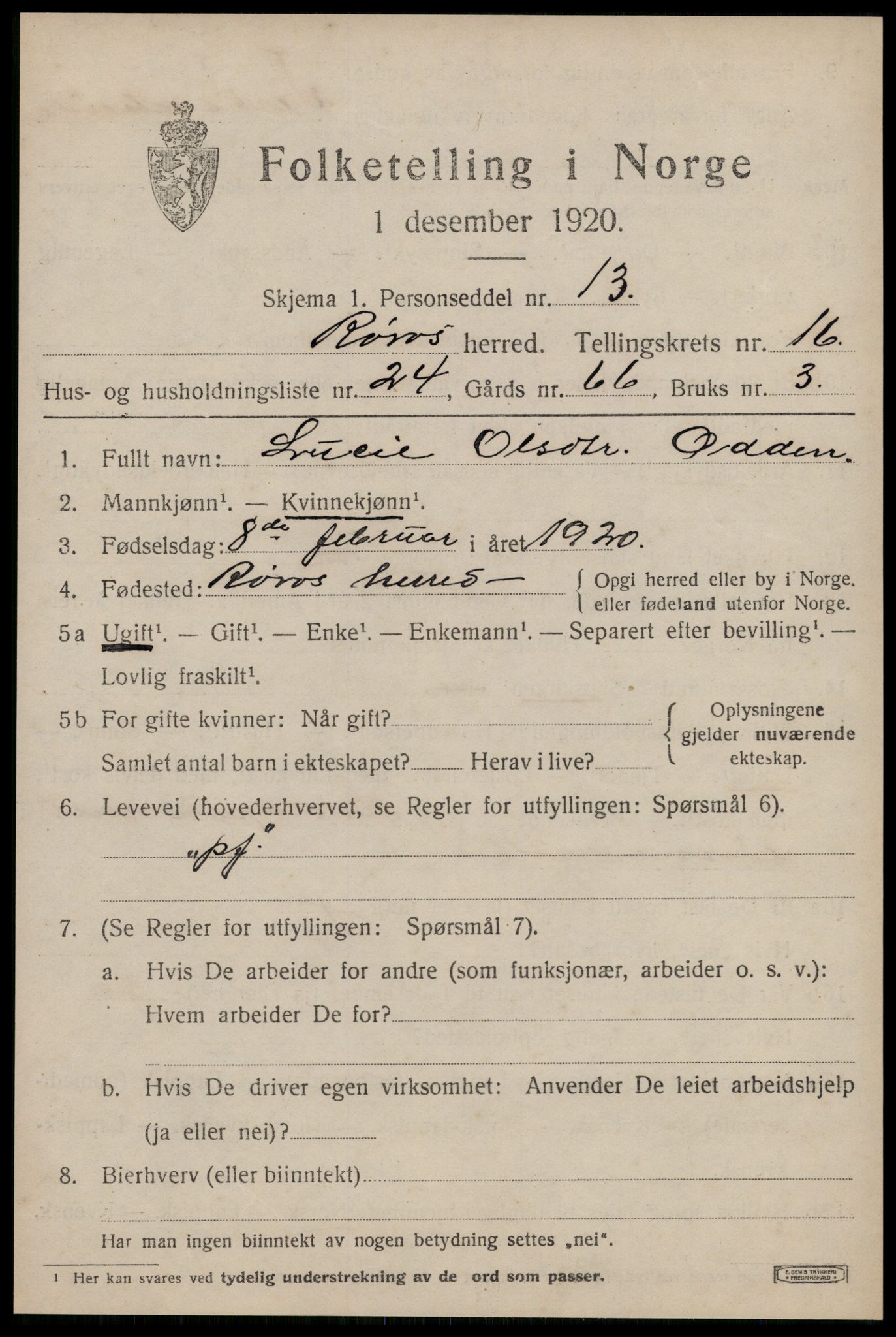 SAT, 1920 census for Røros, 1920, p. 11296