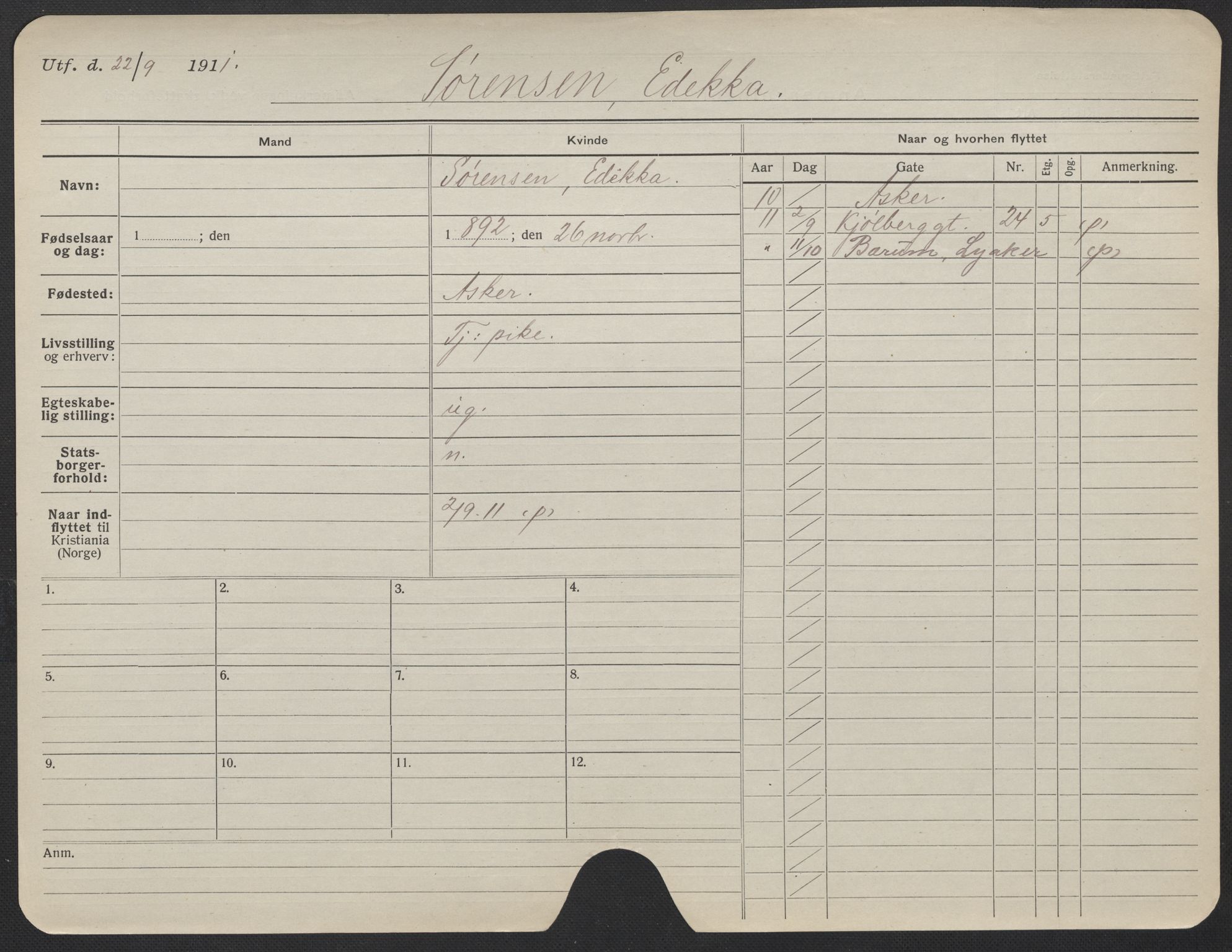 Oslo folkeregister, Registerkort, AV/SAO-A-11715/F/Fa/Fac/L0024: Kvinner, 1906-1914, p. 874a