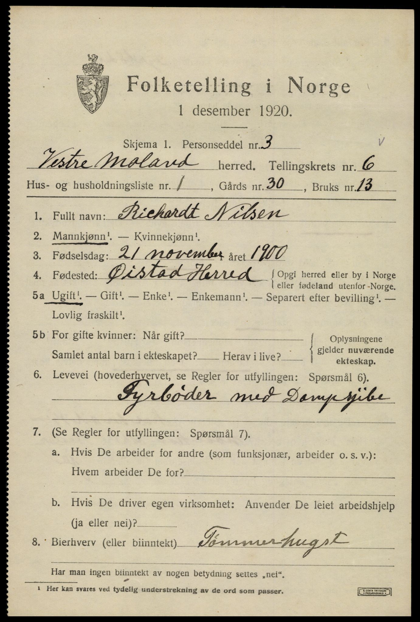 SAK, 1920 census for Vestre Moland, 1920, p. 4609