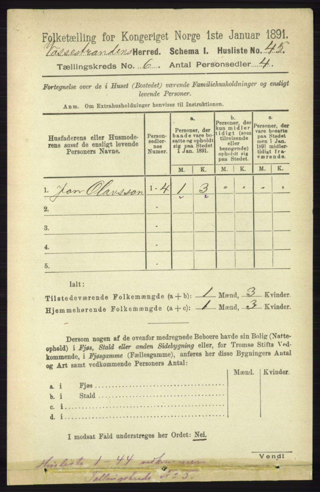 RA, 1891 census for 1236 Vossestrand, 1891, p. 2167
