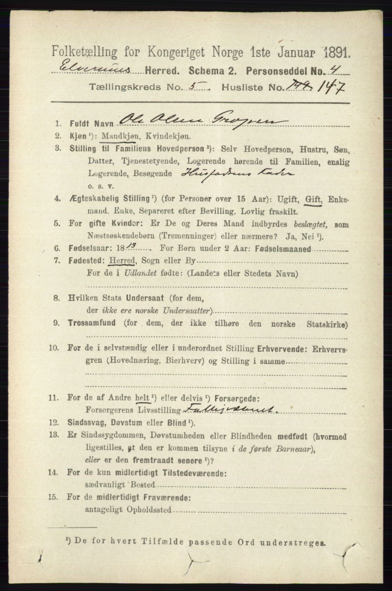 RA, 1891 census for 0427 Elverum, 1891, p. 4151