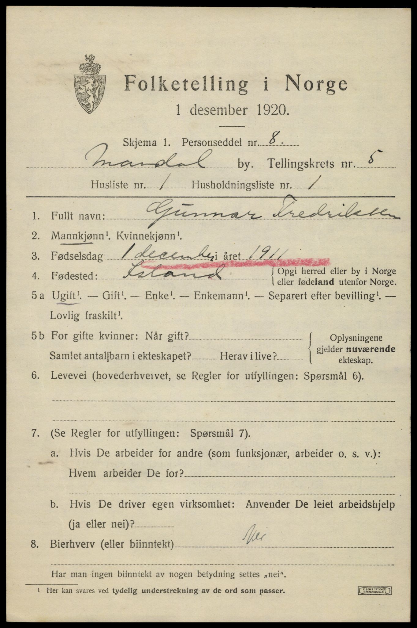 SAK, 1920 census for Mandal, 1920, p. 8215