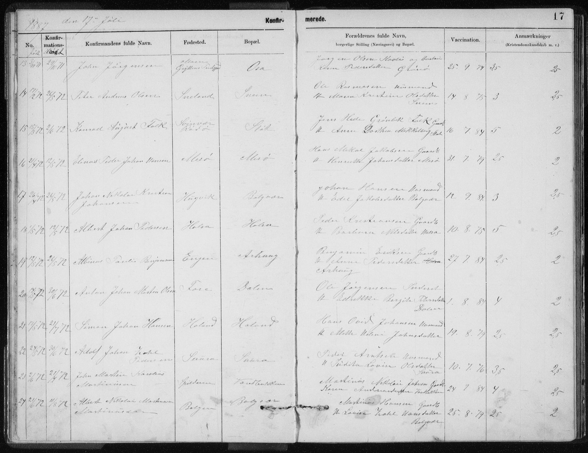 Ministerialprotokoller, klokkerbøker og fødselsregistre - Nordland, AV/SAT-A-1459/843/L0637: Parish register (copy) no. 843C06, 1884-1908, p. 17