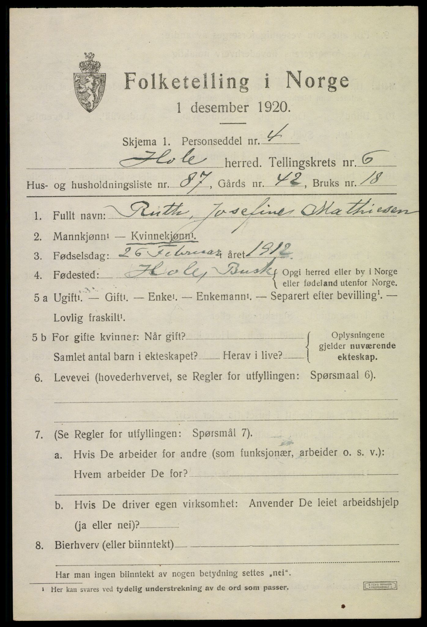 SAKO, 1920 census for Hole, 1920, p. 4335