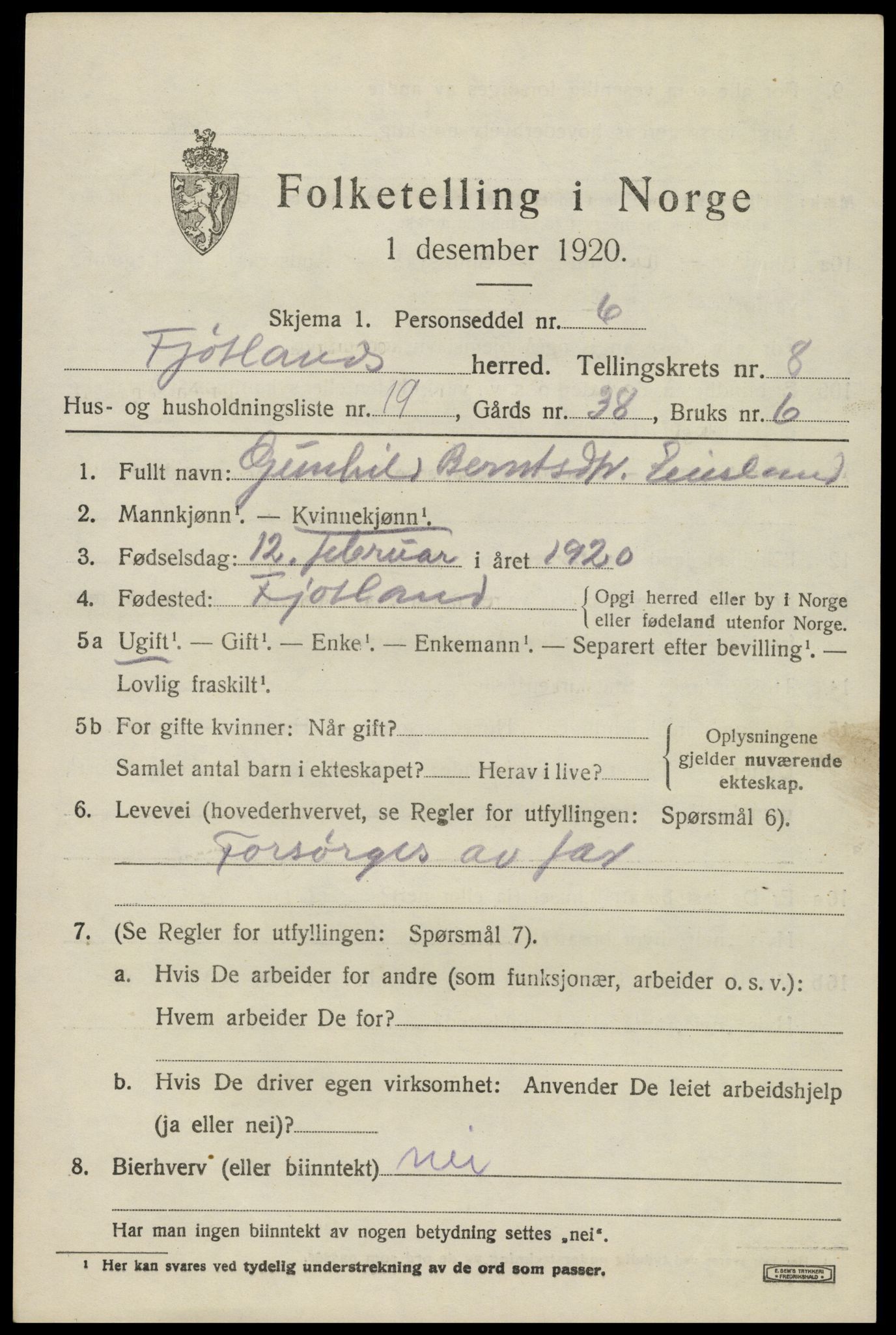 SAK, 1920 census for Fjotland, 1920, p. 2218