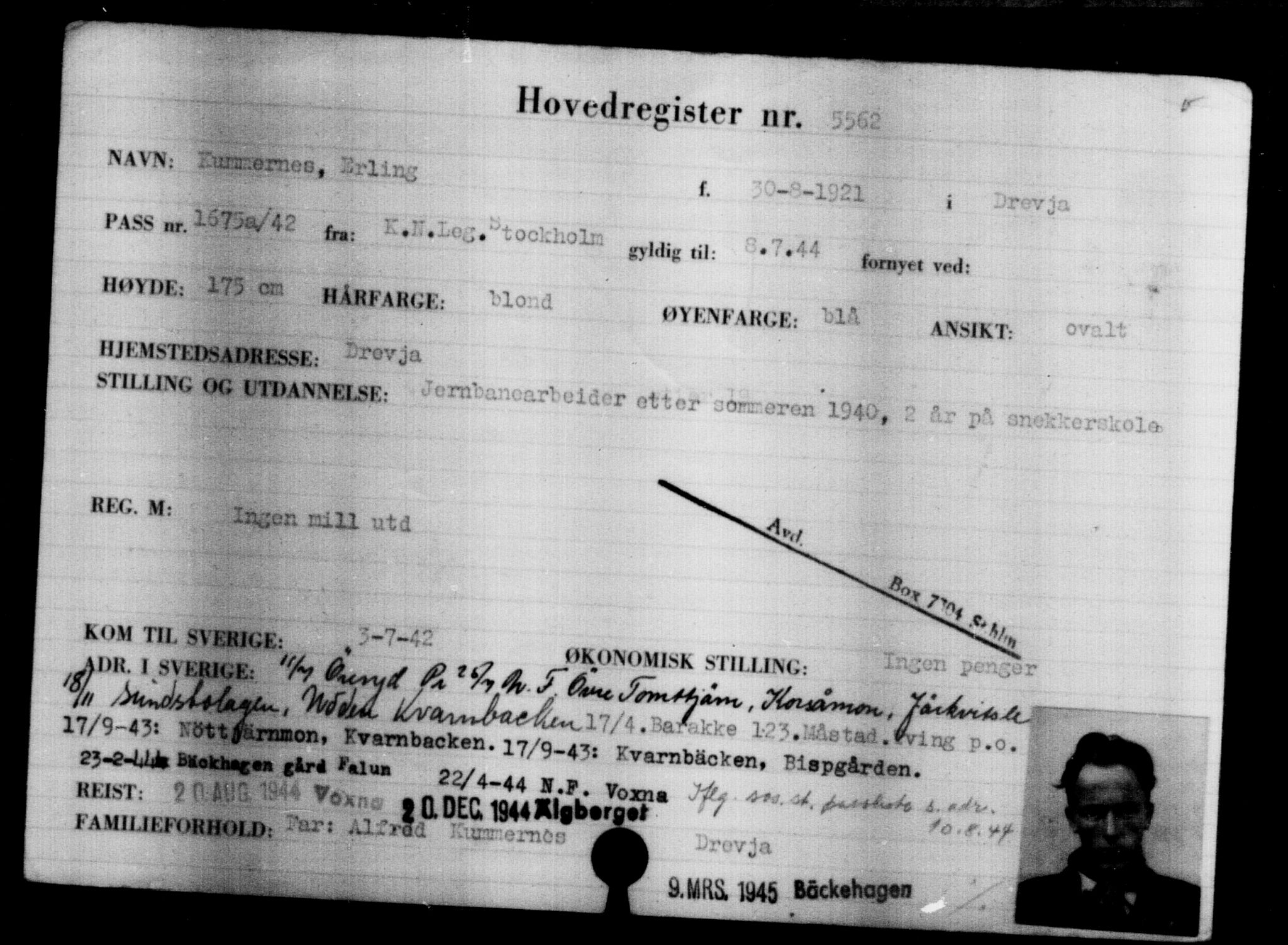Utenriksstasjonene, Legasjonen i Stockholm, Flyktningkontoret, AV/RA-S-6753/V/Va/L0004: Kjesäterkartoteket, flyktninger med registreringsnr. 3496-6610, 1940-1945, p. 2392