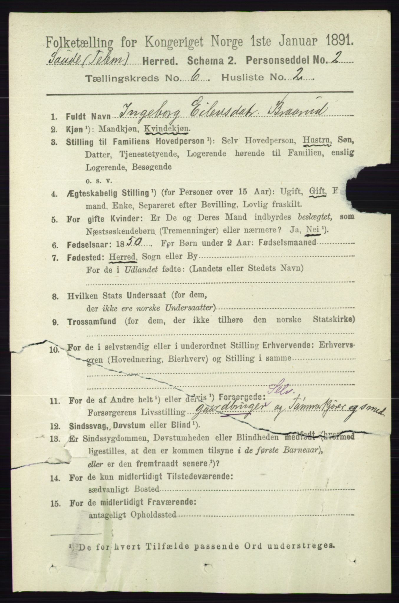 RA, 1891 census for 0822 Sauherad, 1891, p. 1735
