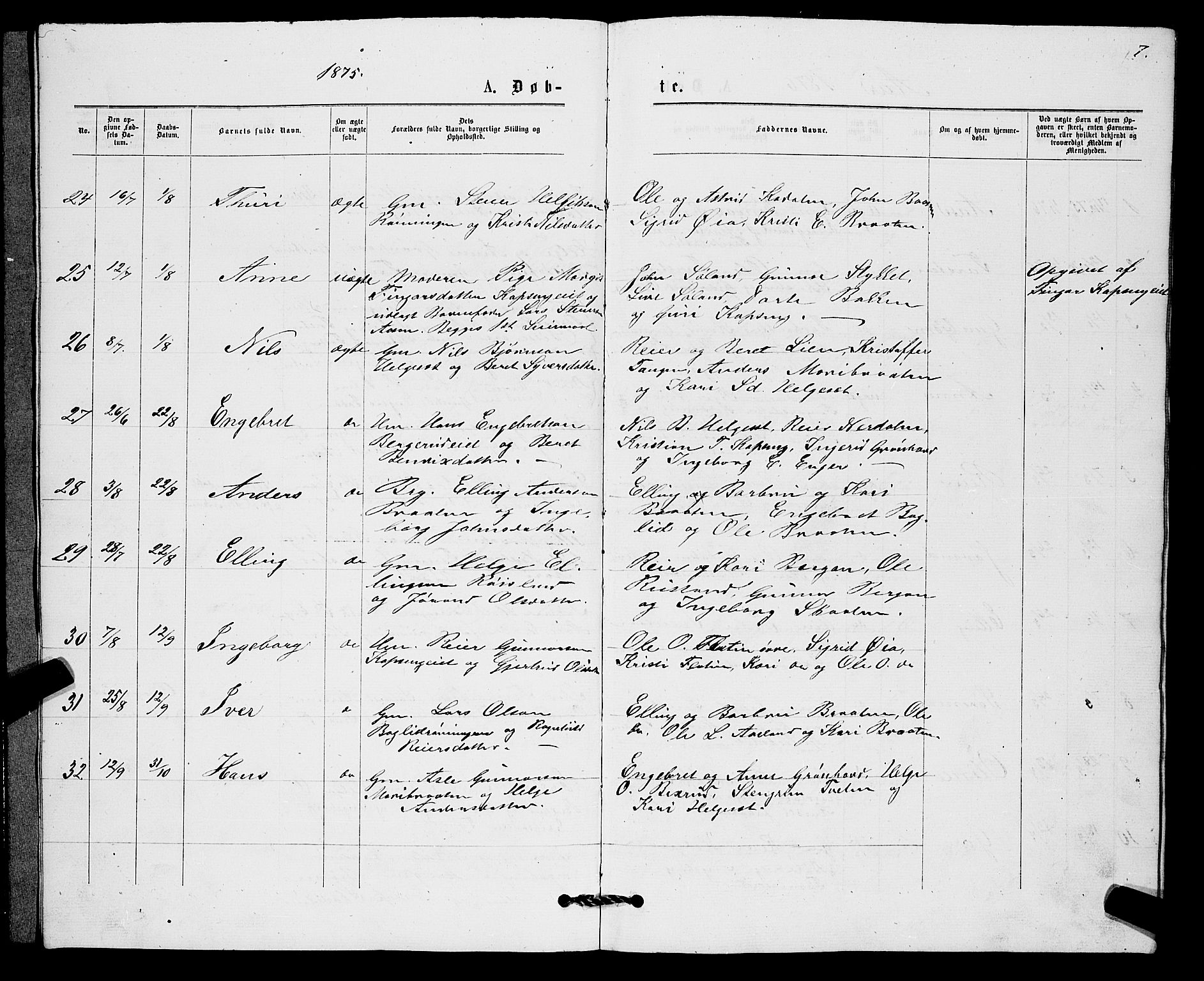 Sigdal kirkebøker, AV/SAKO-A-245/G/Gb/L0002: Parish register (copy) no. II 2, 1875-1900, p. 7