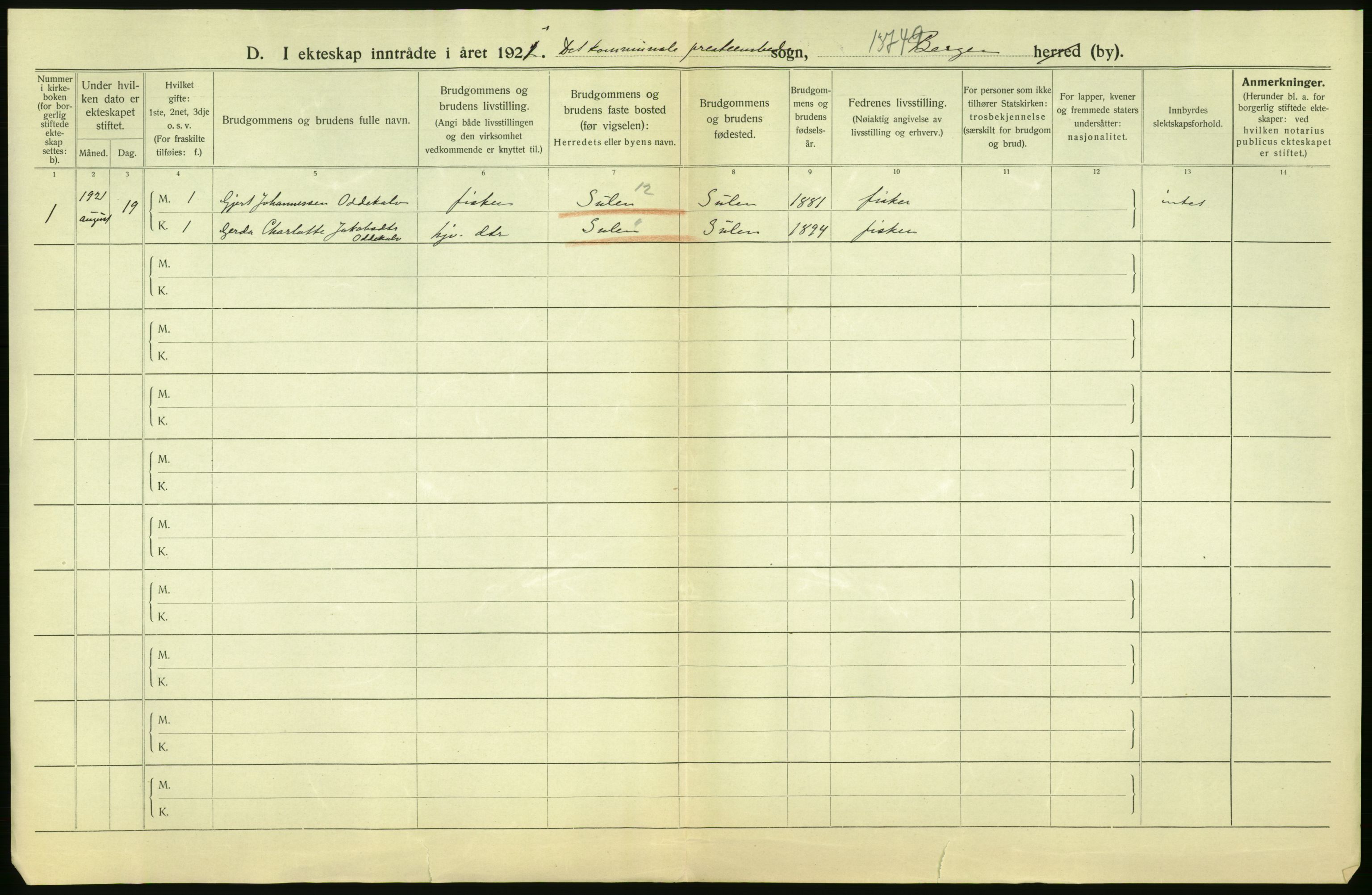 Statistisk sentralbyrå, Sosiodemografiske emner, Befolkning, AV/RA-S-2228/D/Df/Dfc/Dfca/L0035: Bergen: Gifte, dødfødte., 1921, p. 22