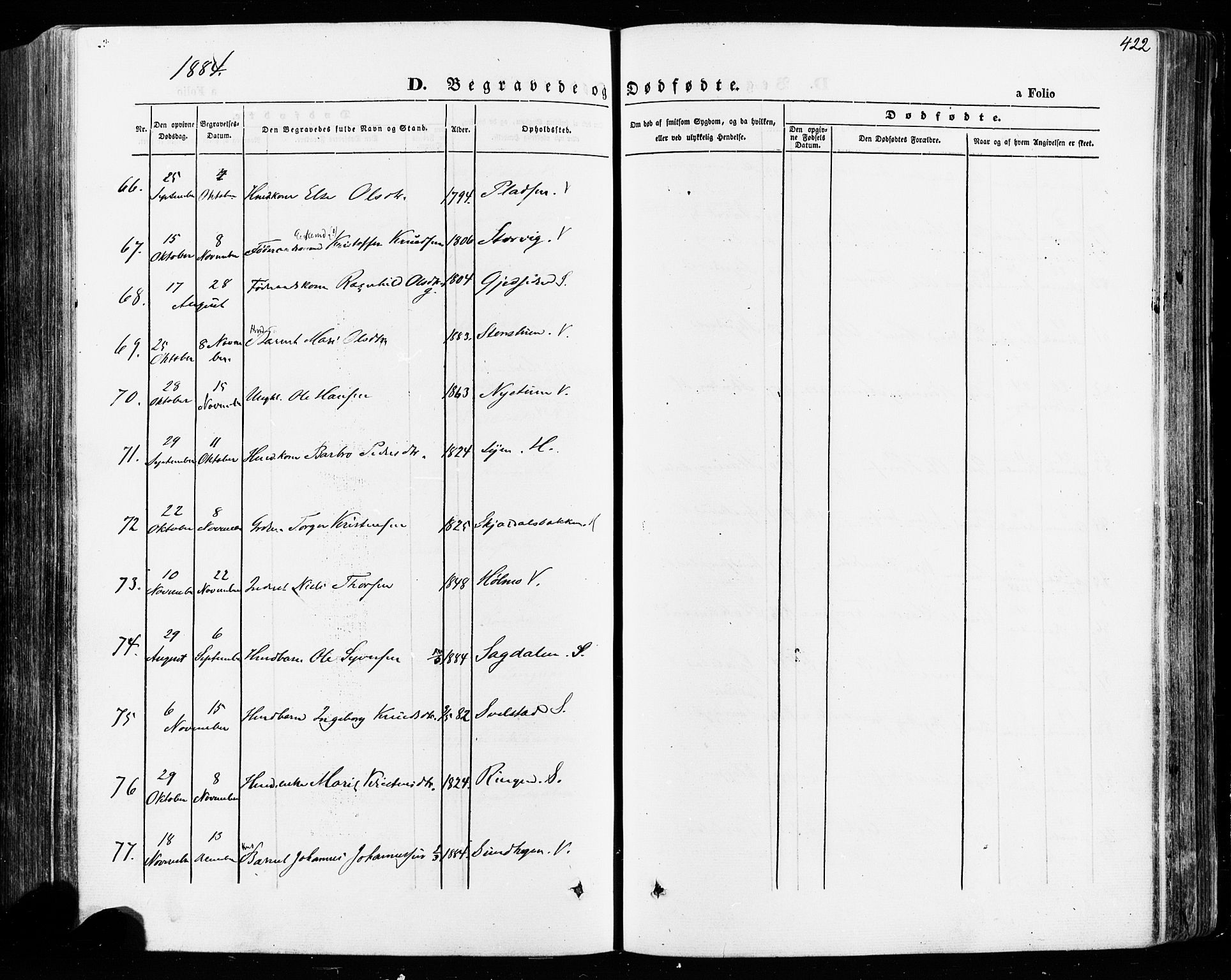 Vågå prestekontor, AV/SAH-PREST-076/H/Ha/Haa/L0007: Parish register (official) no. 7 /1, 1872-1886, p. 422