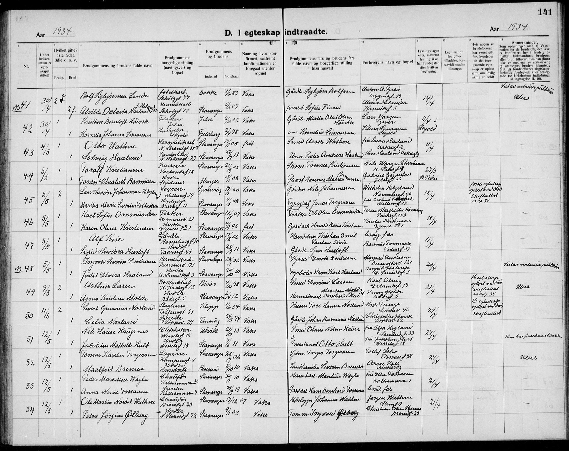 Domkirken sokneprestkontor, SAST/A-101812/001/30/30BB/L0020: Parish register (copy) no. B 20, 1921-1937, p. 141