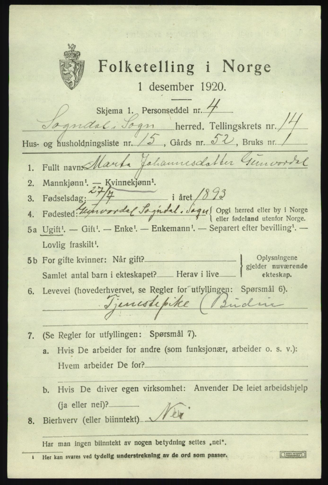 SAB, 1920 census for Sogndal, 1920, p. 5791