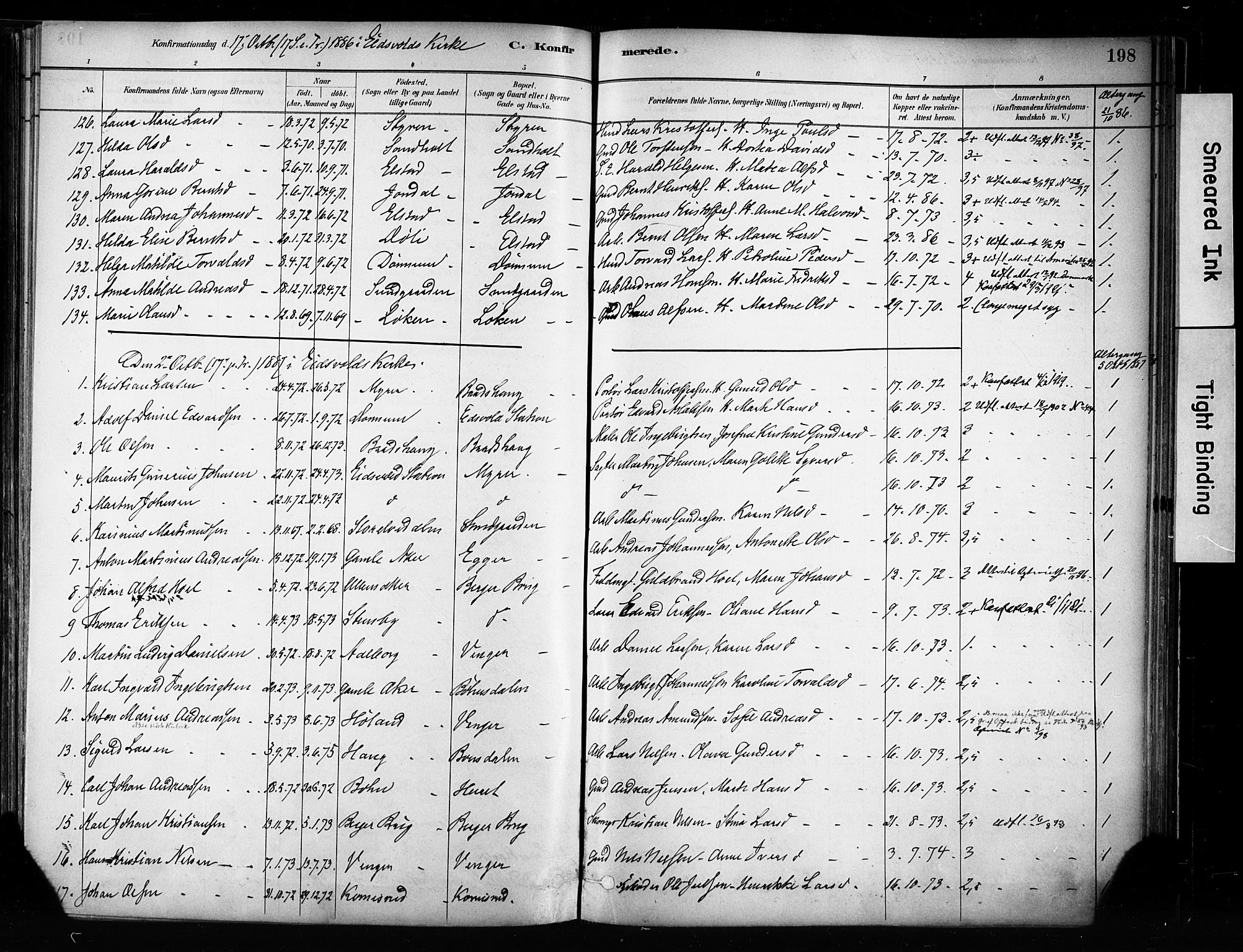 Eidsvoll prestekontor Kirkebøker, SAO/A-10888/F/Fa/L0002: Parish register (official) no. I 2, 1882-1895, p. 198