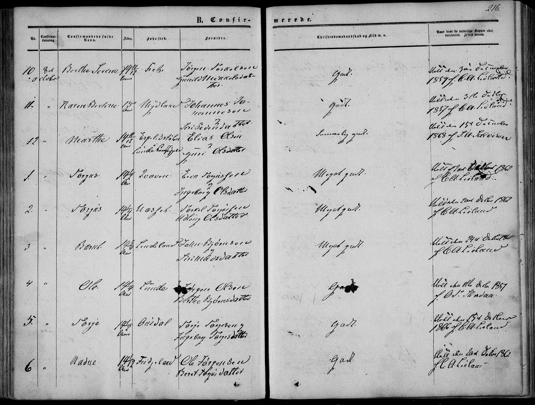Sirdal sokneprestkontor, SAK/1111-0036/F/Fa/Fab/L0002: Parish register (official) no. A 2, 1855-1874, p. 216