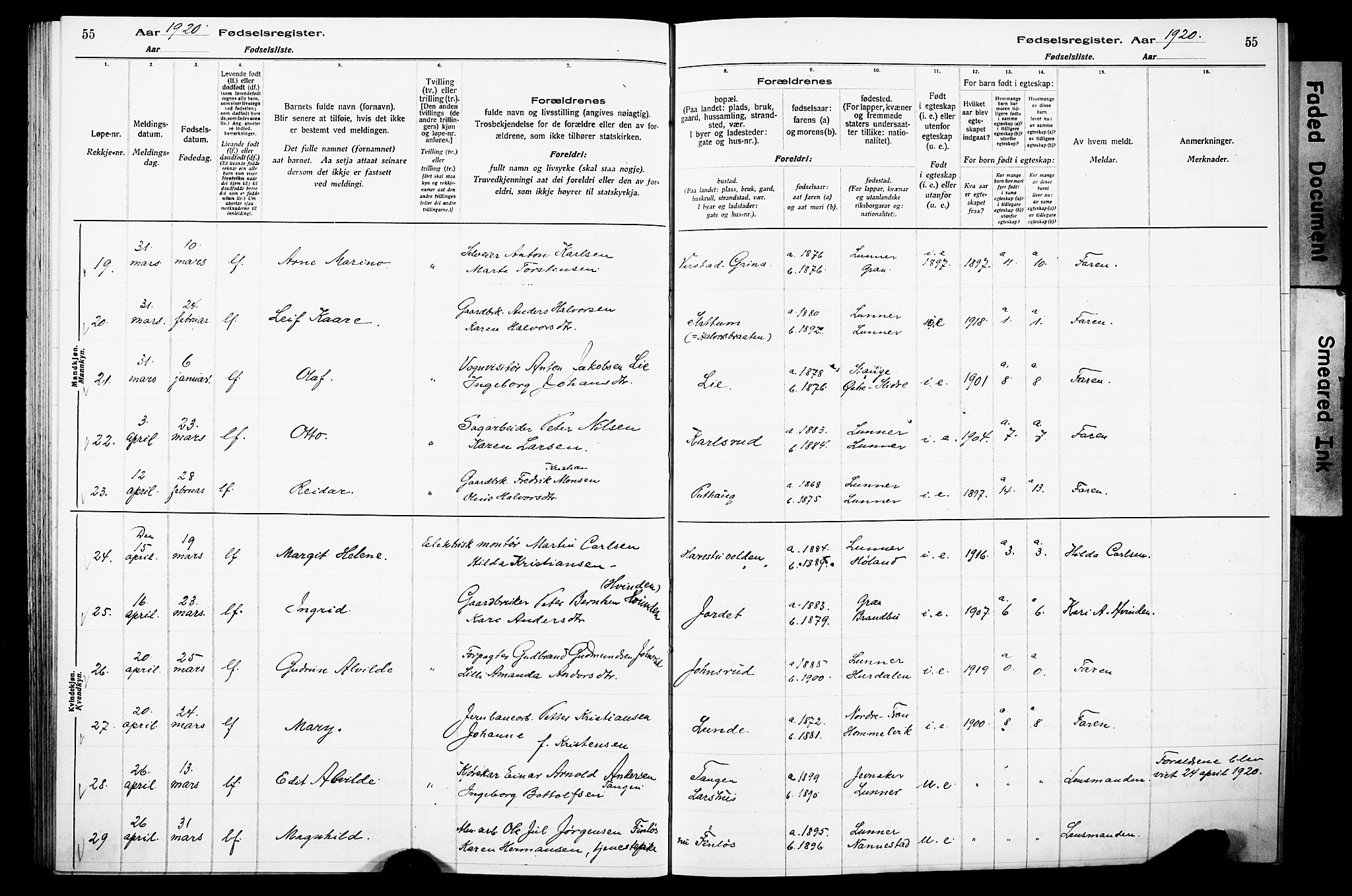 Lunner prestekontor, AV/SAH-PREST-118/I/Id/L0001: Birth register no. 1, 1916-1932, p. 55