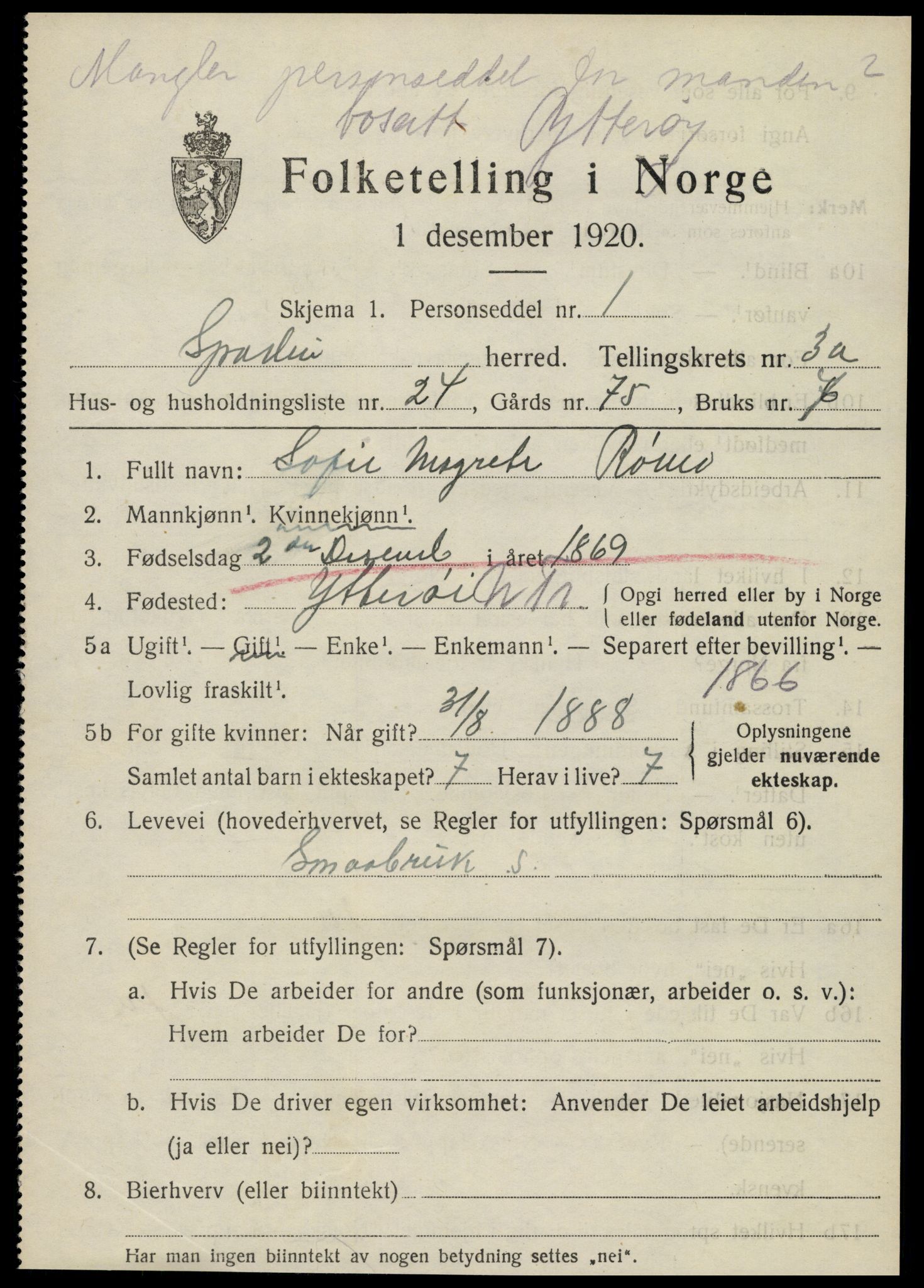 SAT, 1920 census for Sparbu, 1920, p. 4515