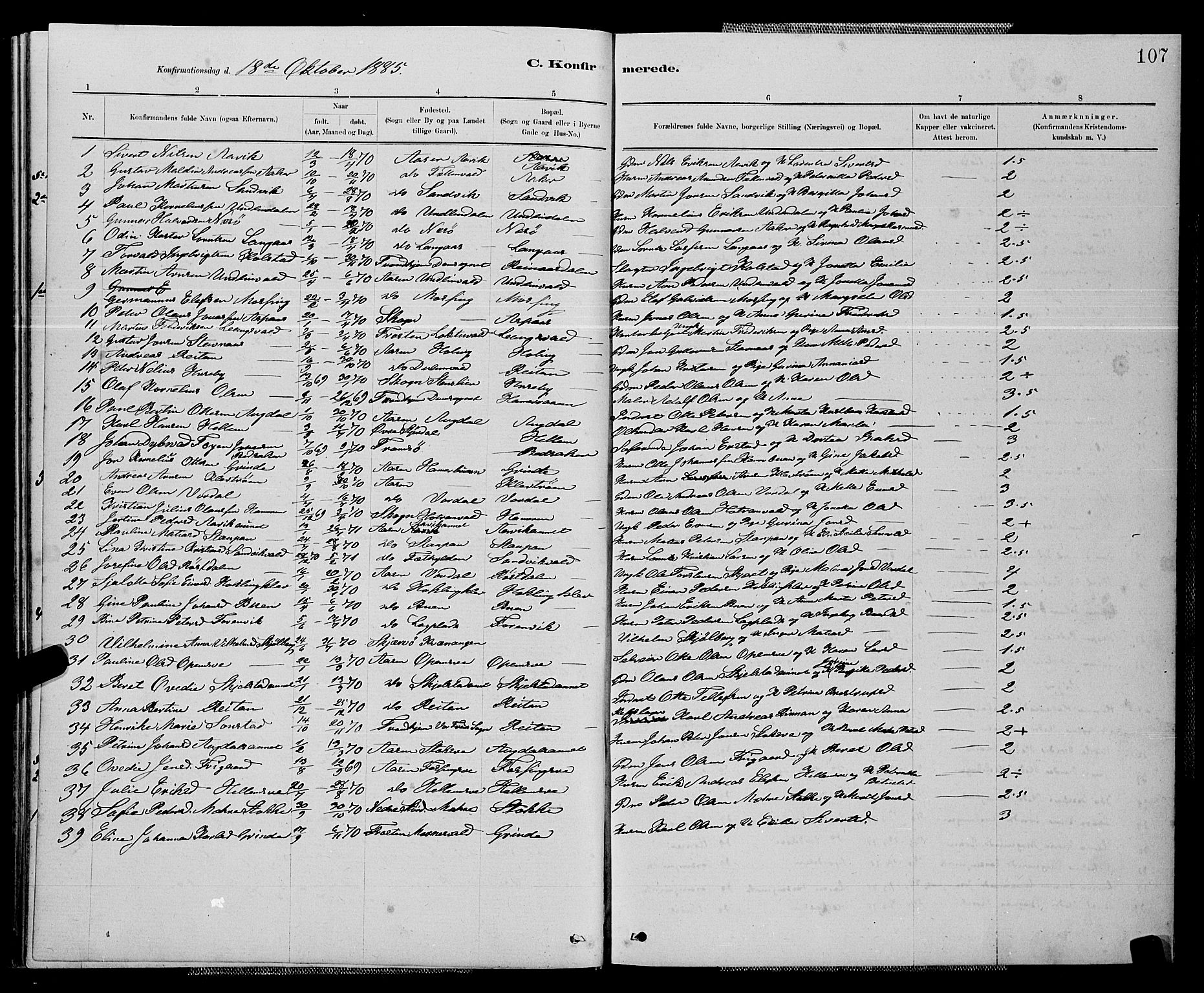 Ministerialprotokoller, klokkerbøker og fødselsregistre - Nord-Trøndelag, SAT/A-1458/714/L0134: Parish register (copy) no. 714C03, 1878-1898, p. 107