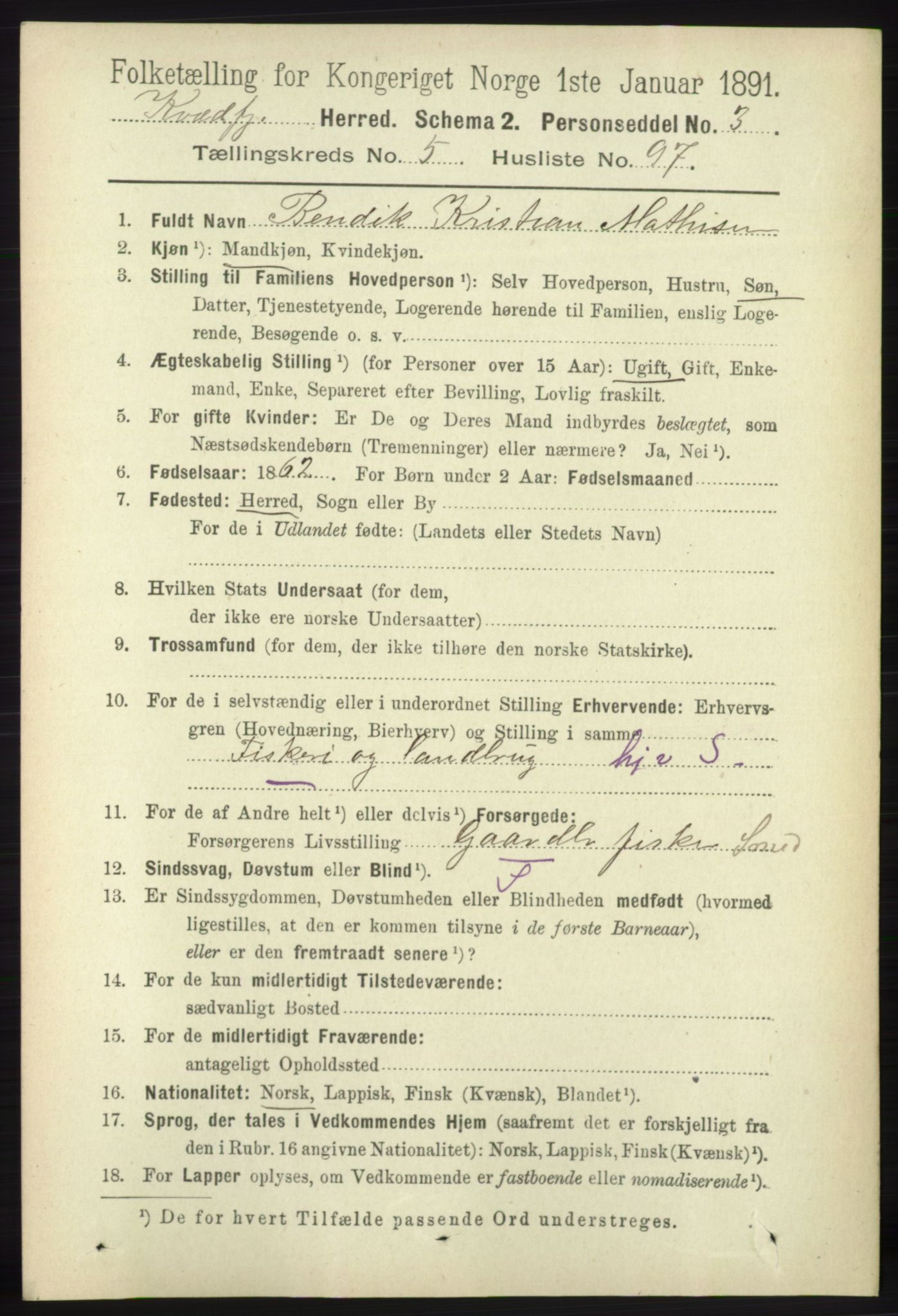 RA, 1891 census for 1911 Kvæfjord, 1891, p. 3455