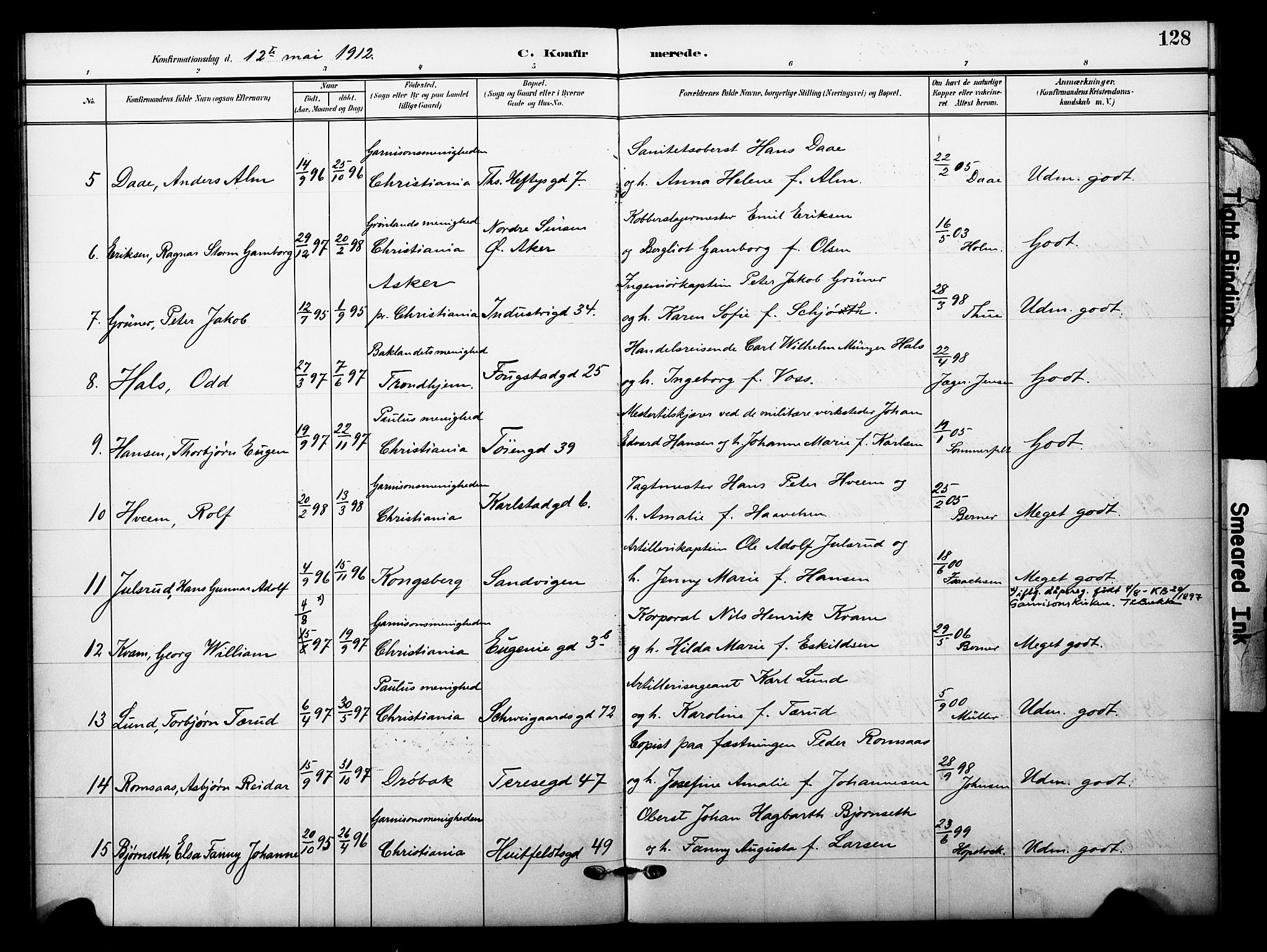 Garnisonsmenigheten Kirkebøker, AV/SAO-A-10846/F/Fa/L0014: Parish register (official) no. 14, 1905-1914, p. 128