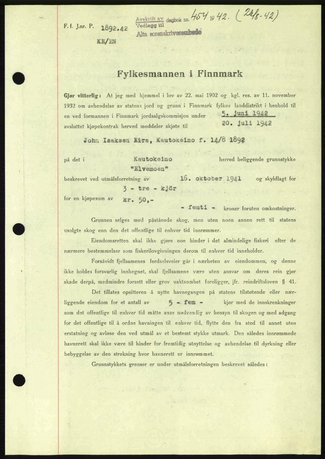 Alta fogderi/sorenskriveri, SATØ/SATØ-5/1/K/Kd/L0033pantebok: Mortgage book no. 33, 1940-1943, Diary no: : 454/1942