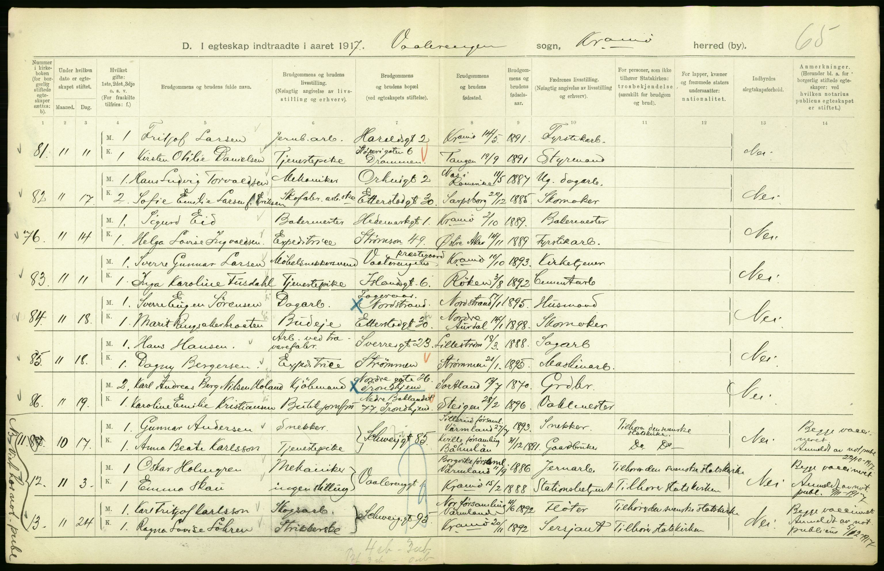 Statistisk sentralbyrå, Sosiodemografiske emner, Befolkning, AV/RA-S-2228/D/Df/Dfb/Dfbg/L0009: Kristiania: Gifte, 1917, p. 96