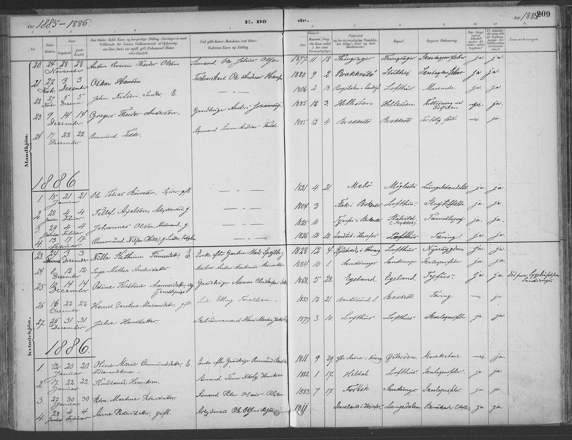 Vestre Moland sokneprestkontor, SAK/1111-0046/F/Fa/Fab/L0009: Parish register (official) no. A 9, 1884-1899, p. 209