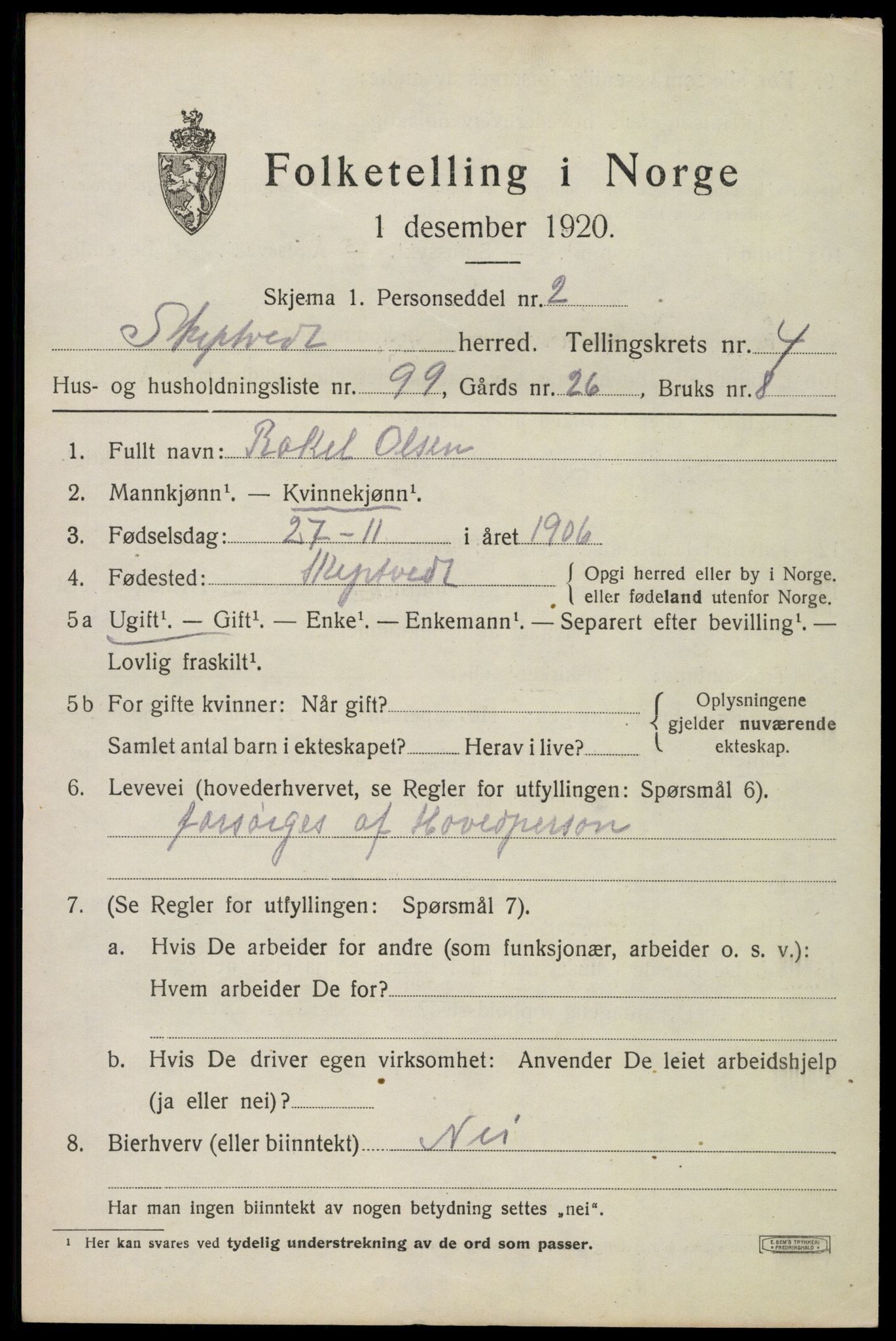 SAO, 1920 census for Skiptvet, 1920, p. 5195