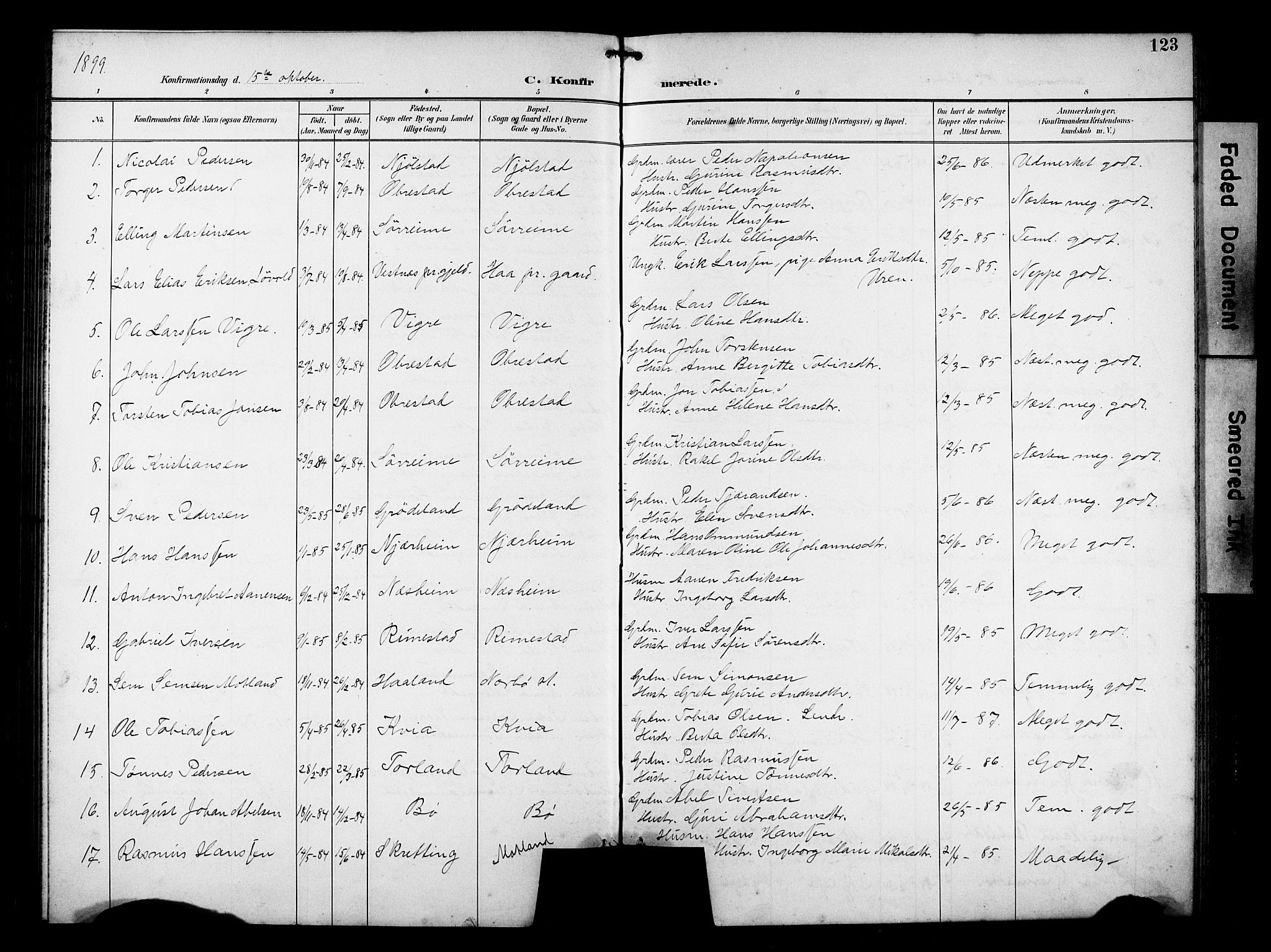 Hå sokneprestkontor, AV/SAST-A-101801/001/30BB/L0005: Parish register (copy) no. B 5, 1894-1912, p. 123