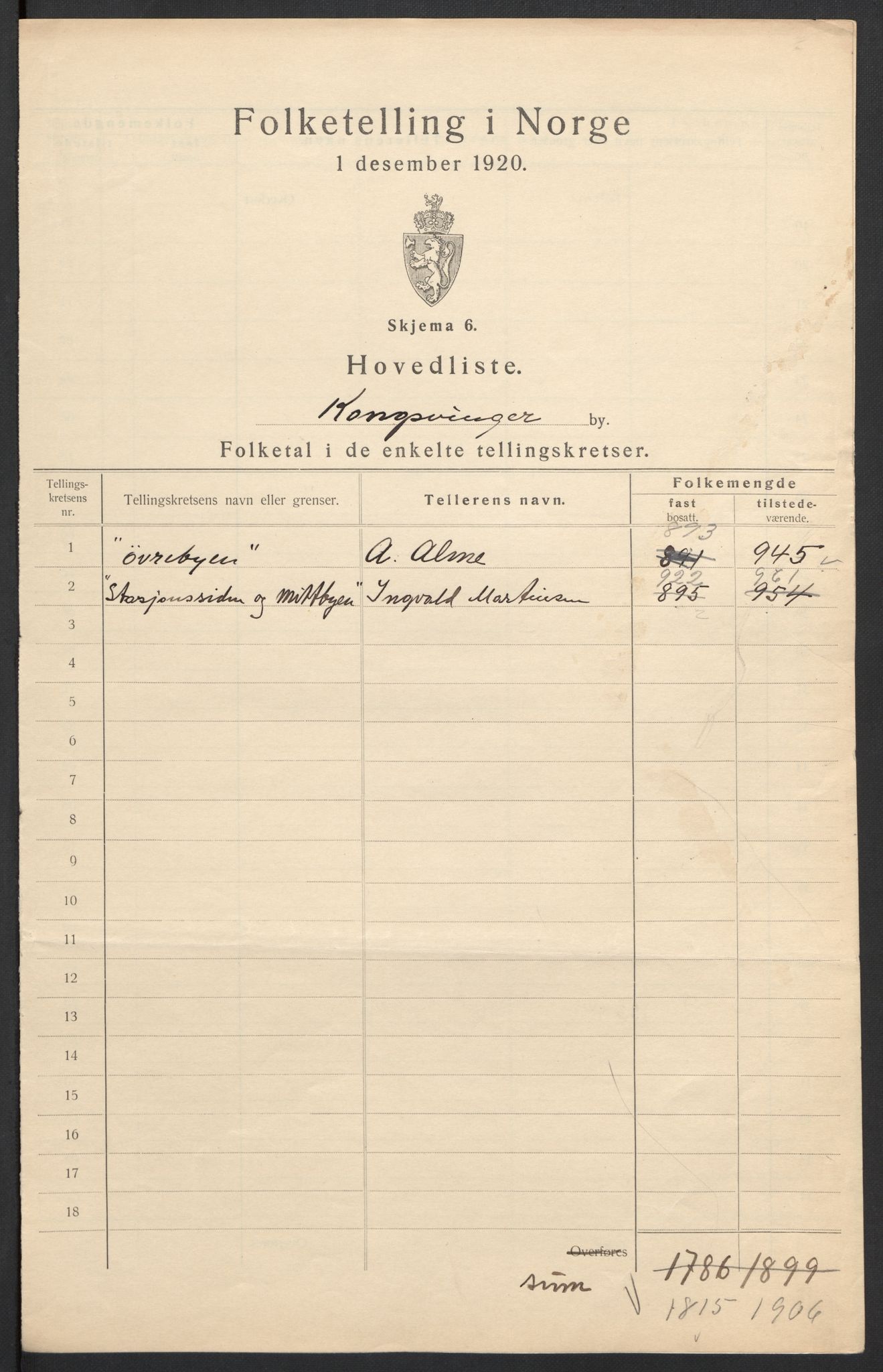 SAH, 1920 census for Kongsvinger, 1920, p. 3