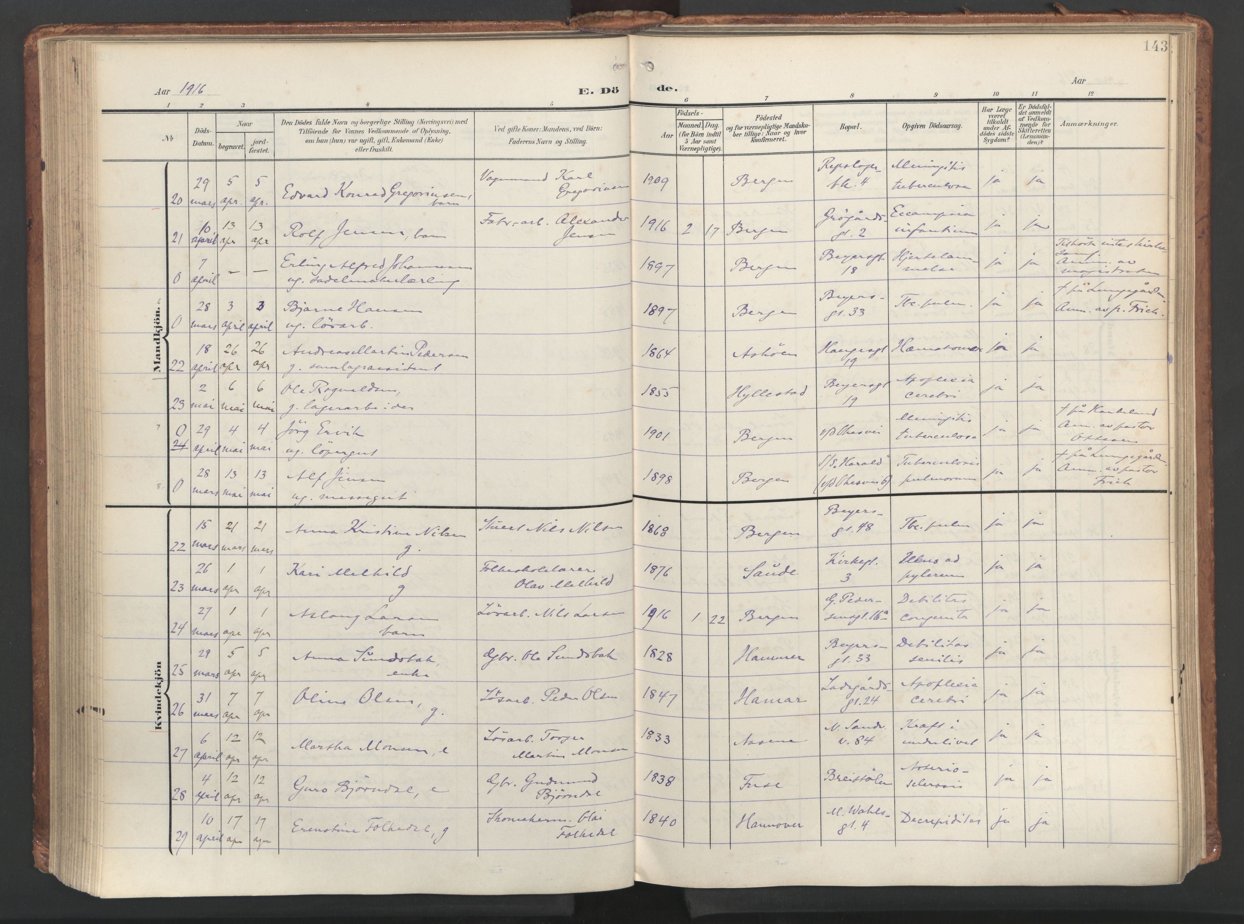 Sandviken Sokneprestembete, SAB/A-77601/H/Ha/L0019: Parish register (official) no. E 2, 1905-1933, p. 143