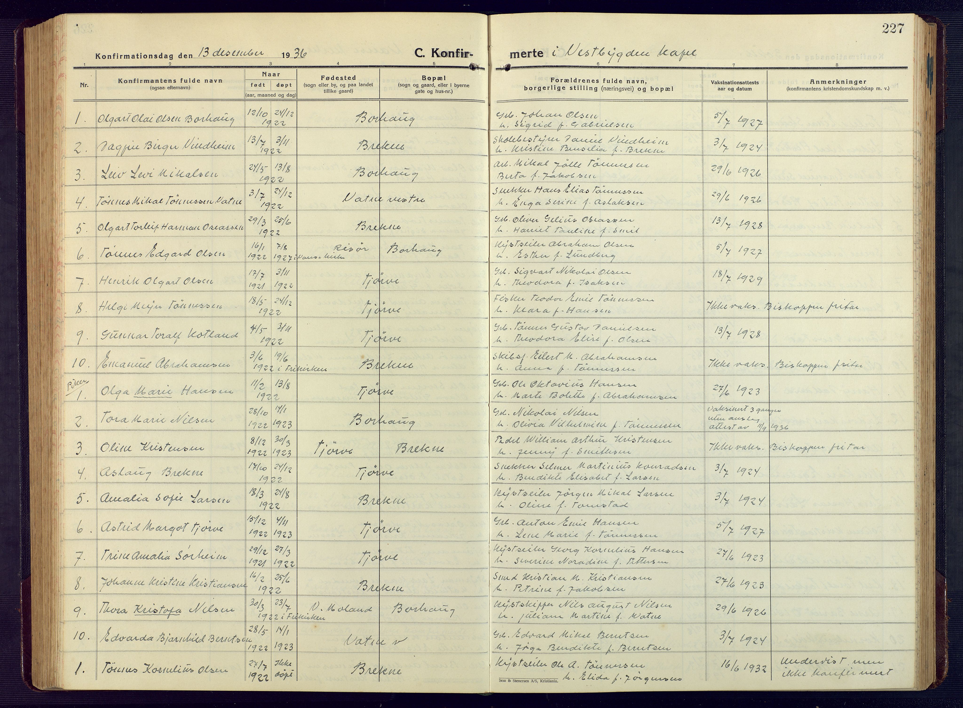 Lista sokneprestkontor, SAK/1111-0027/F/Fb/L0006: Parish register (copy) no. B 6, 1924-1947, p. 227