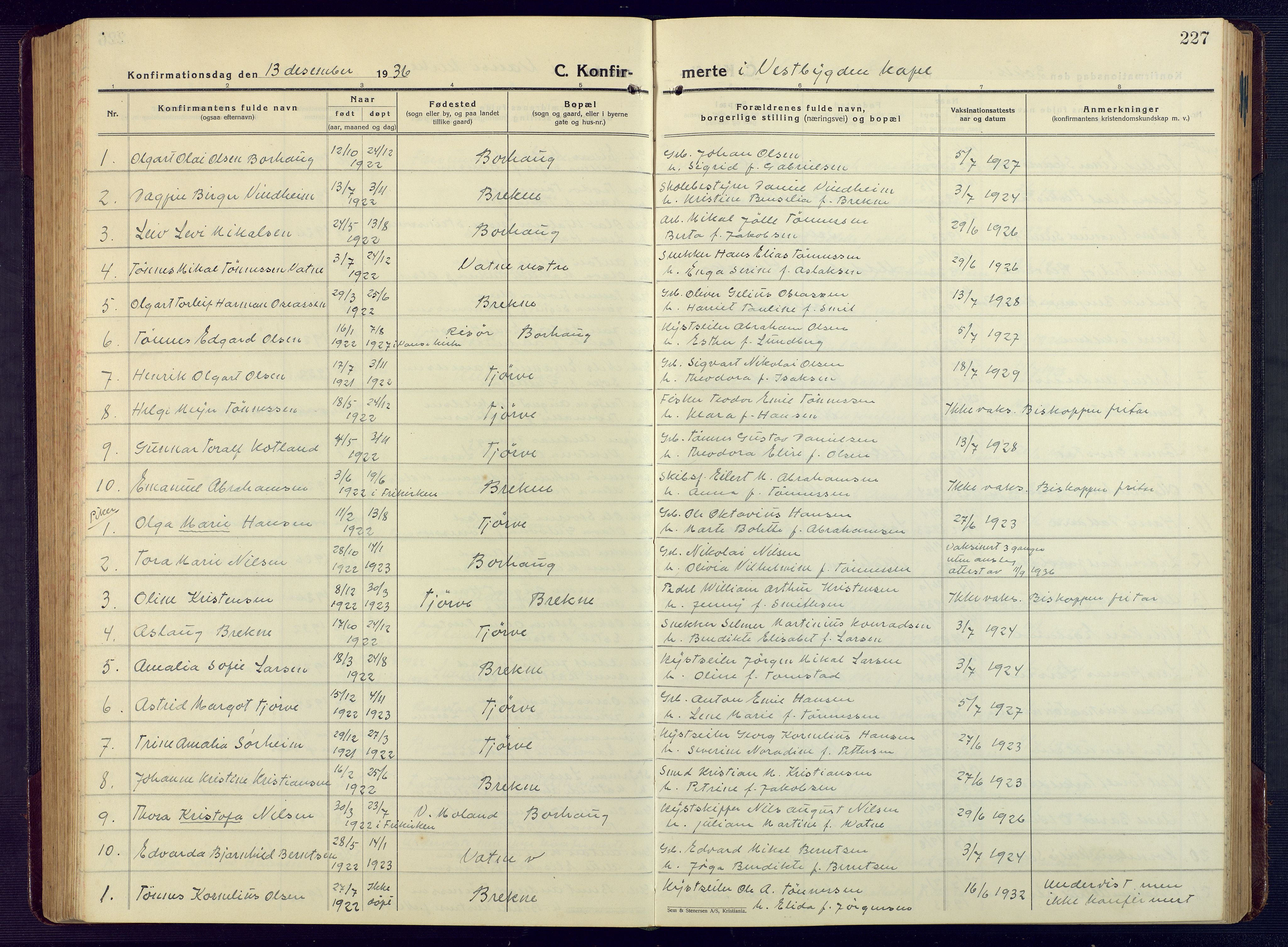 Lista sokneprestkontor, AV/SAK-1111-0027/F/Fb/L0006: Parish register (copy) no. B 6, 1924-1947, p. 227