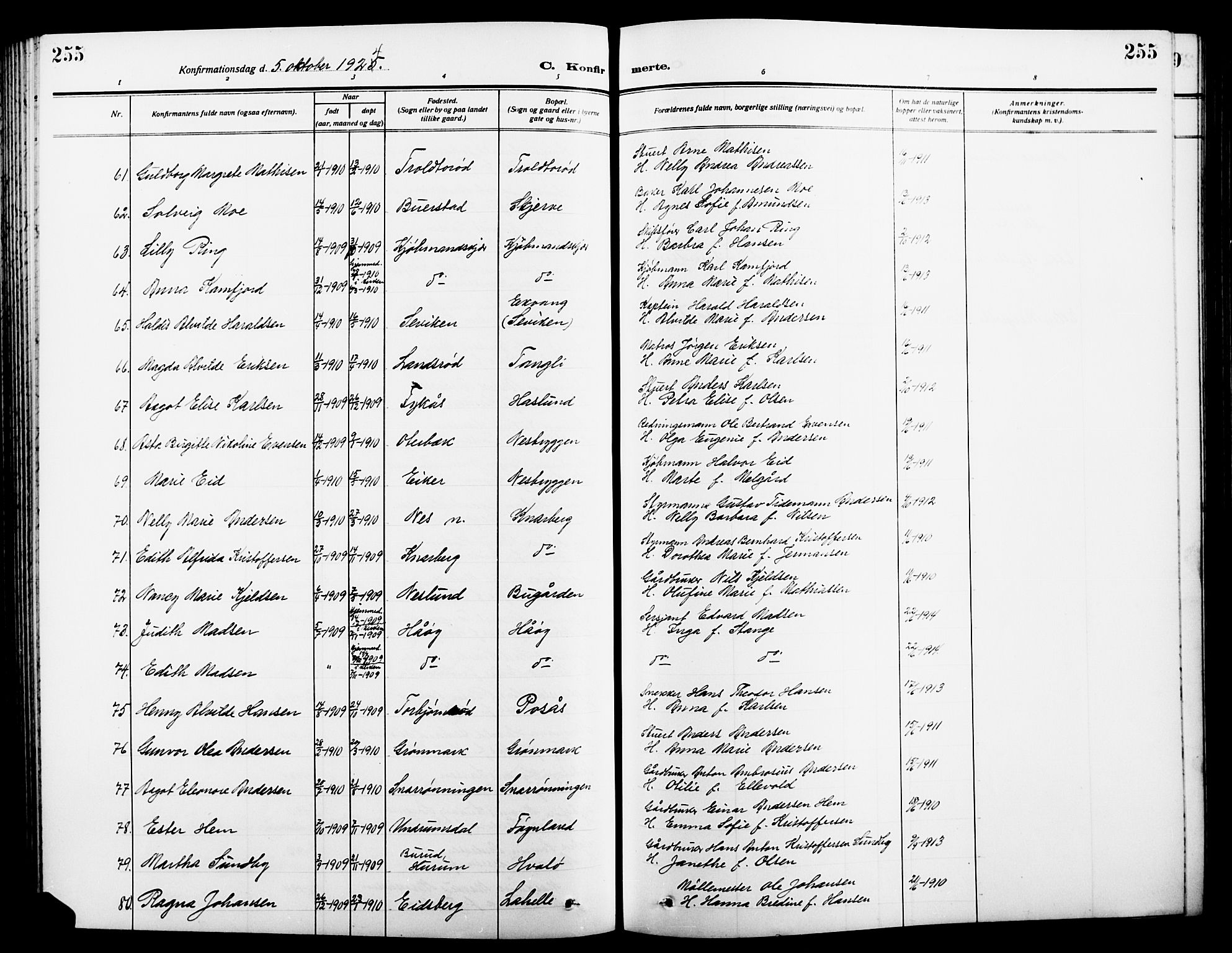 Nøtterøy kirkebøker, SAKO/A-354/G/Ga/L0005: Parish register (copy) no. I 5, 1910-1924, p. 255