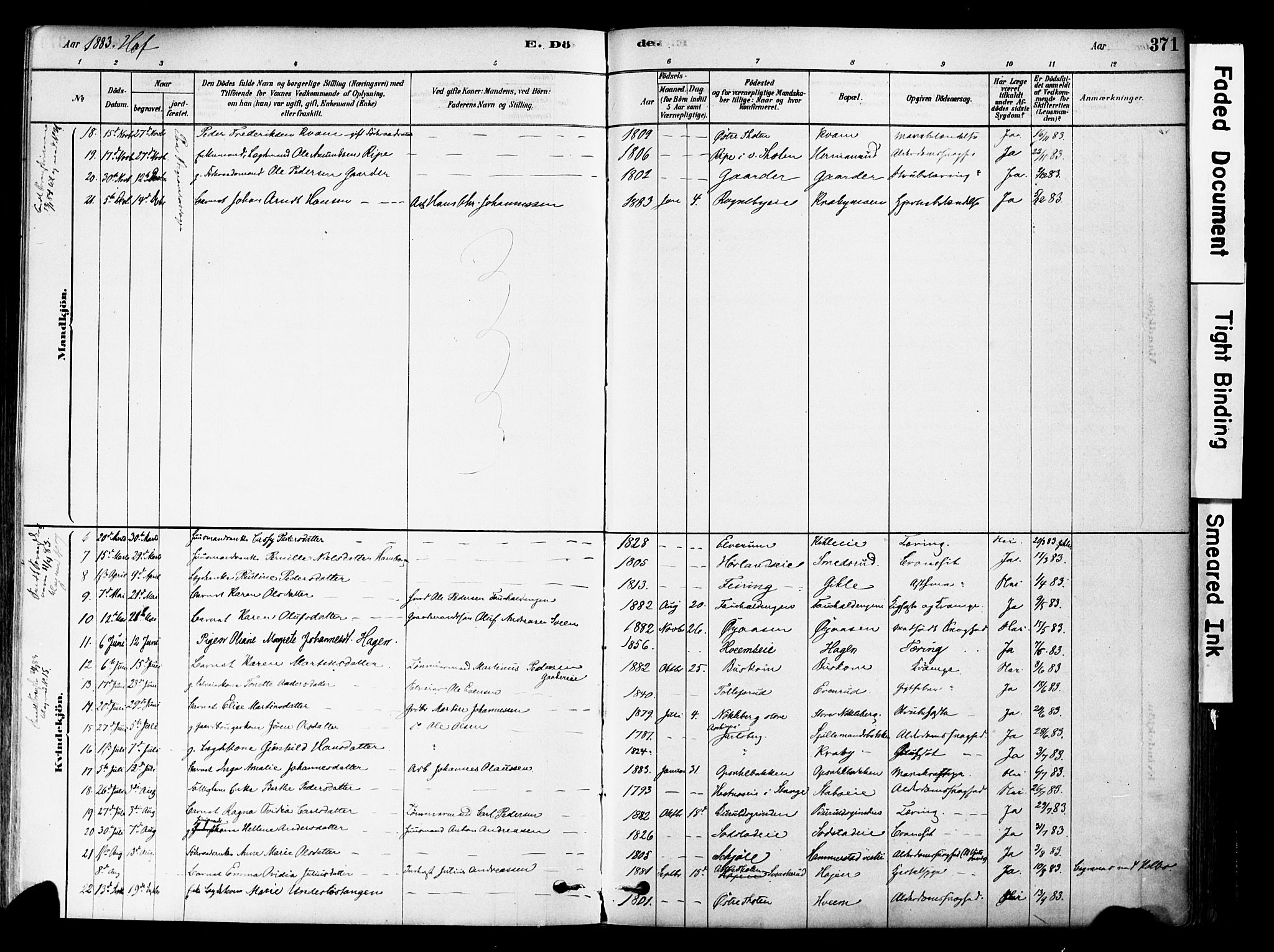 Østre Toten prestekontor, AV/SAH-PREST-104/H/Ha/Haa/L0006: Parish register (official) no. 6 /1, 1878-1896, p. 371