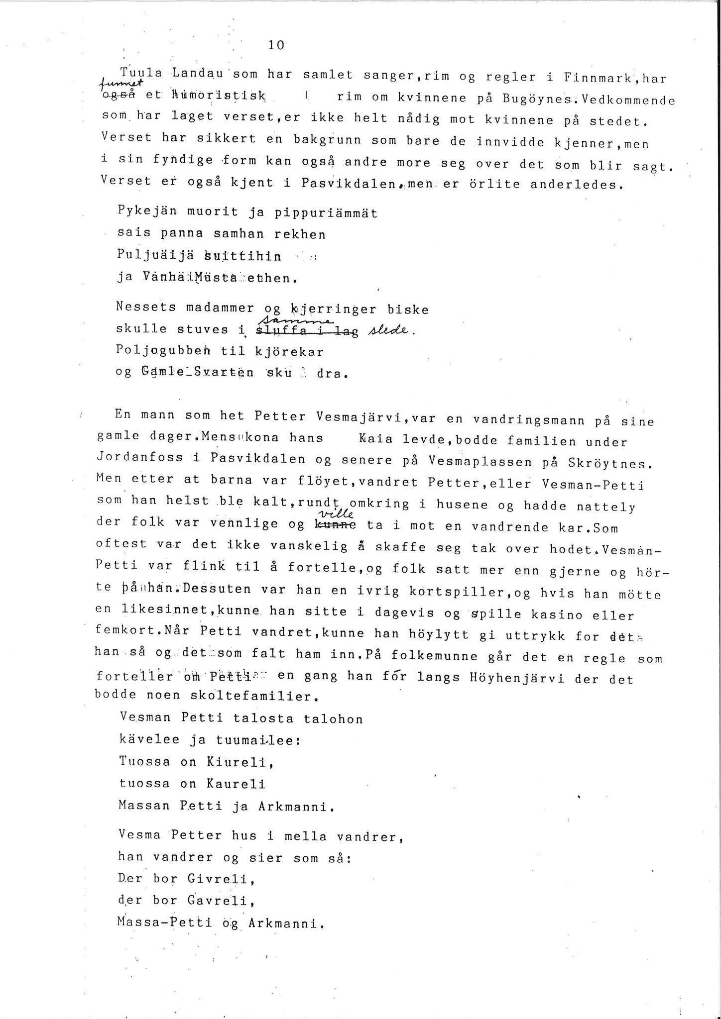 Vadsø museum - Ruija kvenmuseum, VAMU/A-0531/G/L0001/0001: Innsamling / Innsamling av kvenmusikk, 1987-1988, p. 10