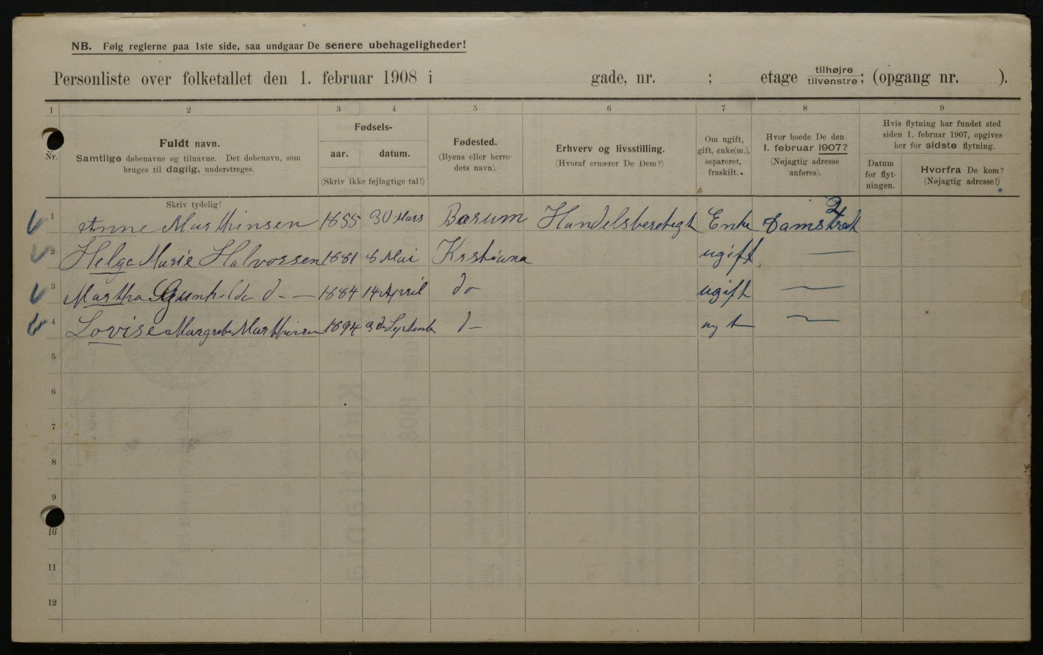 OBA, Municipal Census 1908 for Kristiania, 1908, p. 13464