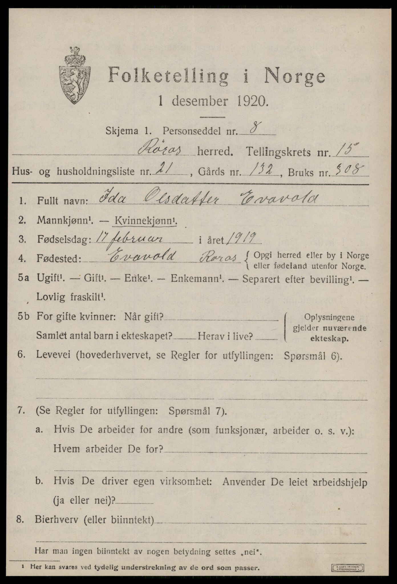 SAT, 1920 census for Røros, 1920, p. 10612