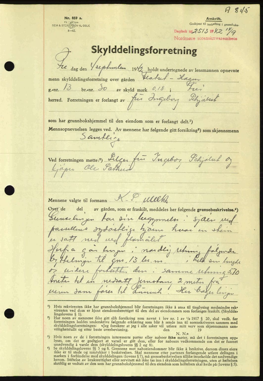 Nordmøre sorenskriveri, AV/SAT-A-4132/1/2/2Ca: Mortgage book no. A93, 1942-1942, Diary no: : 2513/1942