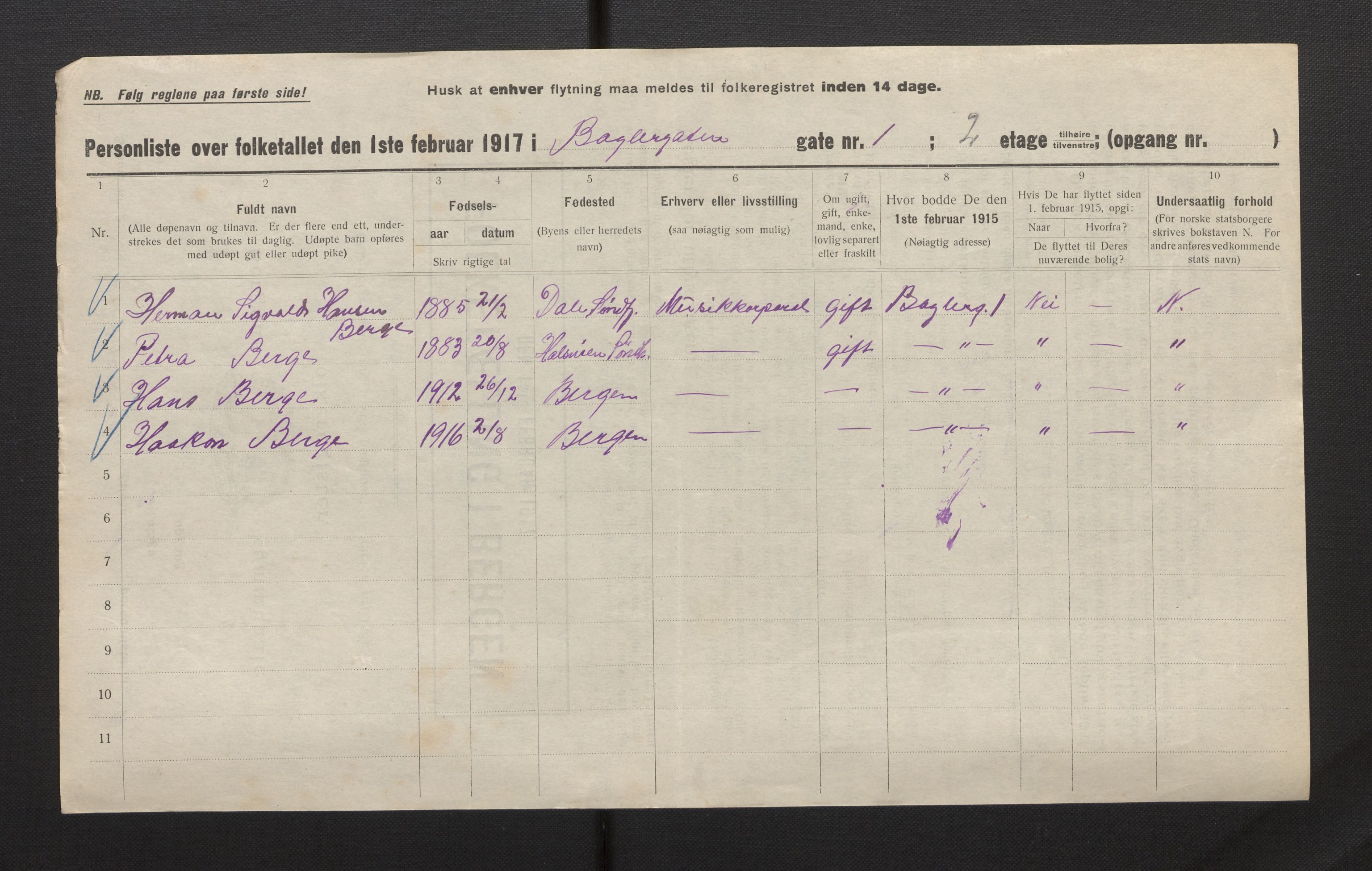 SAB, Municipal Census 1917 for Bergen, 1917, p. 1435