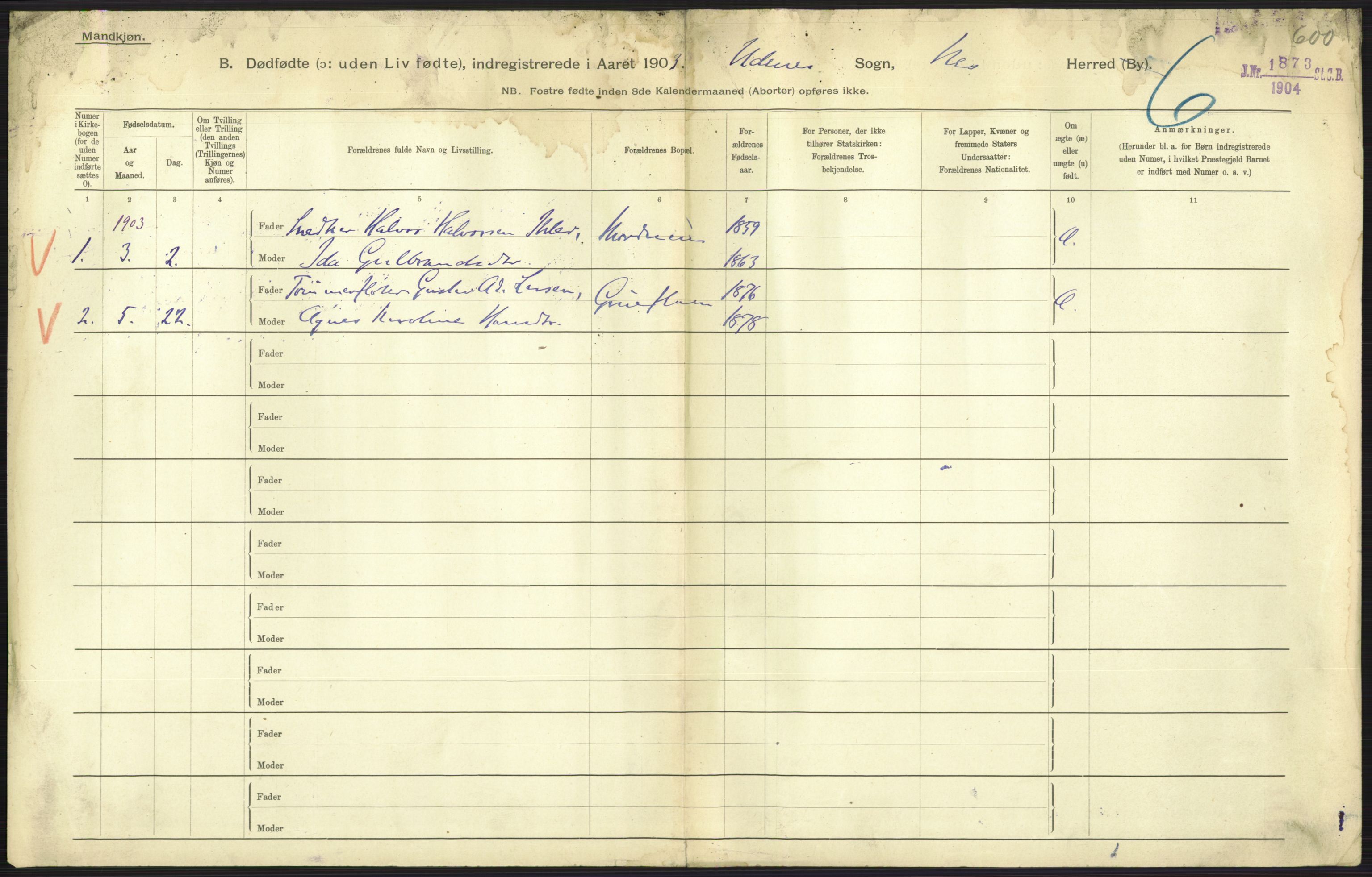 Statistisk sentralbyrå, Sosiodemografiske emner, Befolkning, RA/S-2228/D/Df/Dfa/Dfaa/L0024: Smålenenes - Stavanger amt: Dødfødte. Bygder., 1903, p. 63